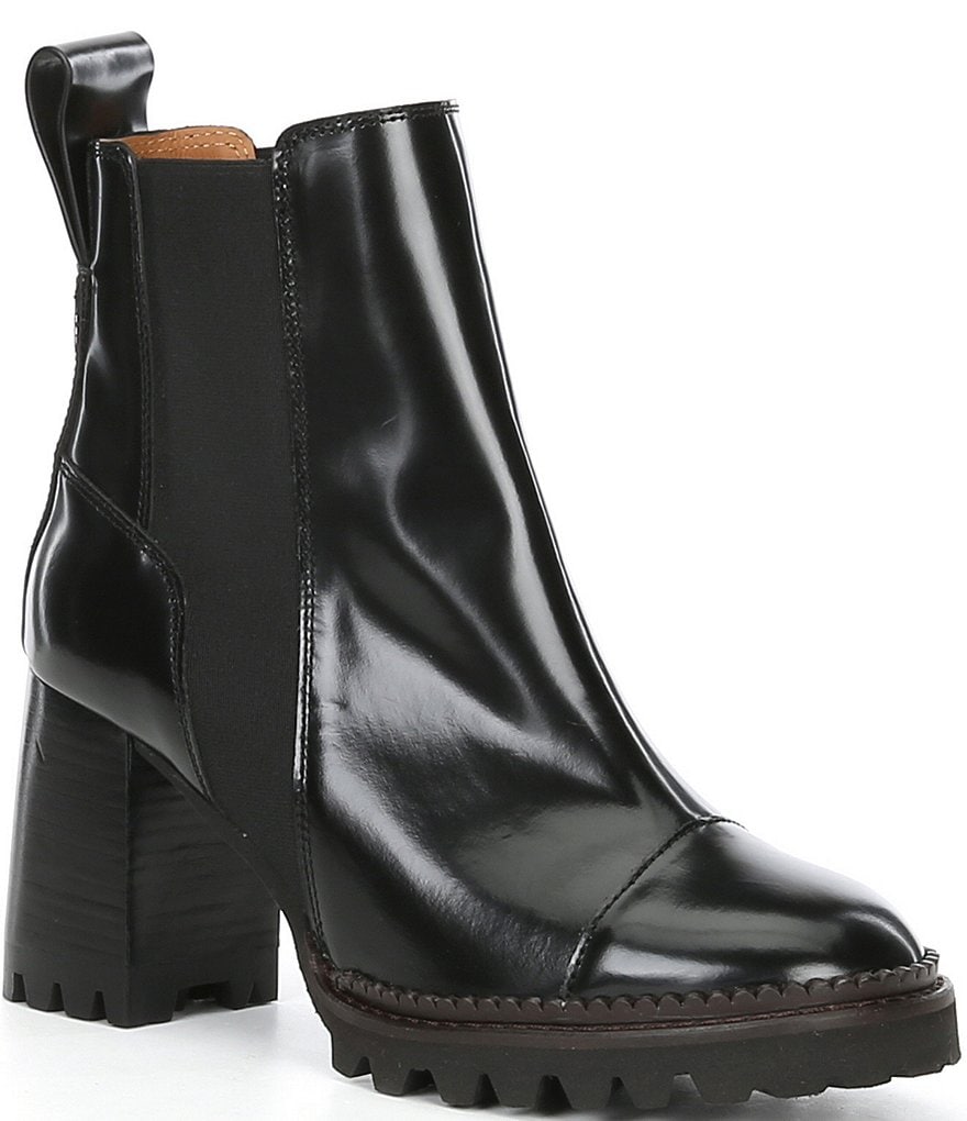See By Chloe Mallory Leather Block Heel Lug Sole Chelsea Booties