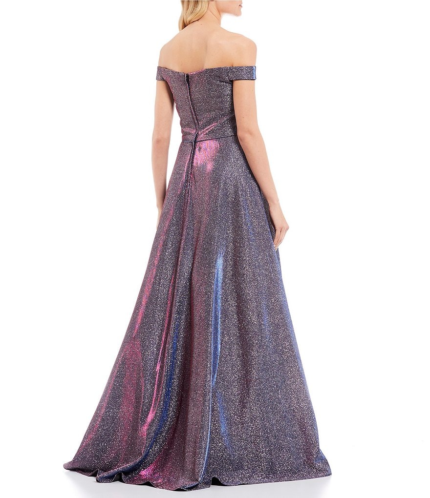 Blondie Nites Off-The-Shoulder Shimmer Shine Ruffle Side Slit Long Dress