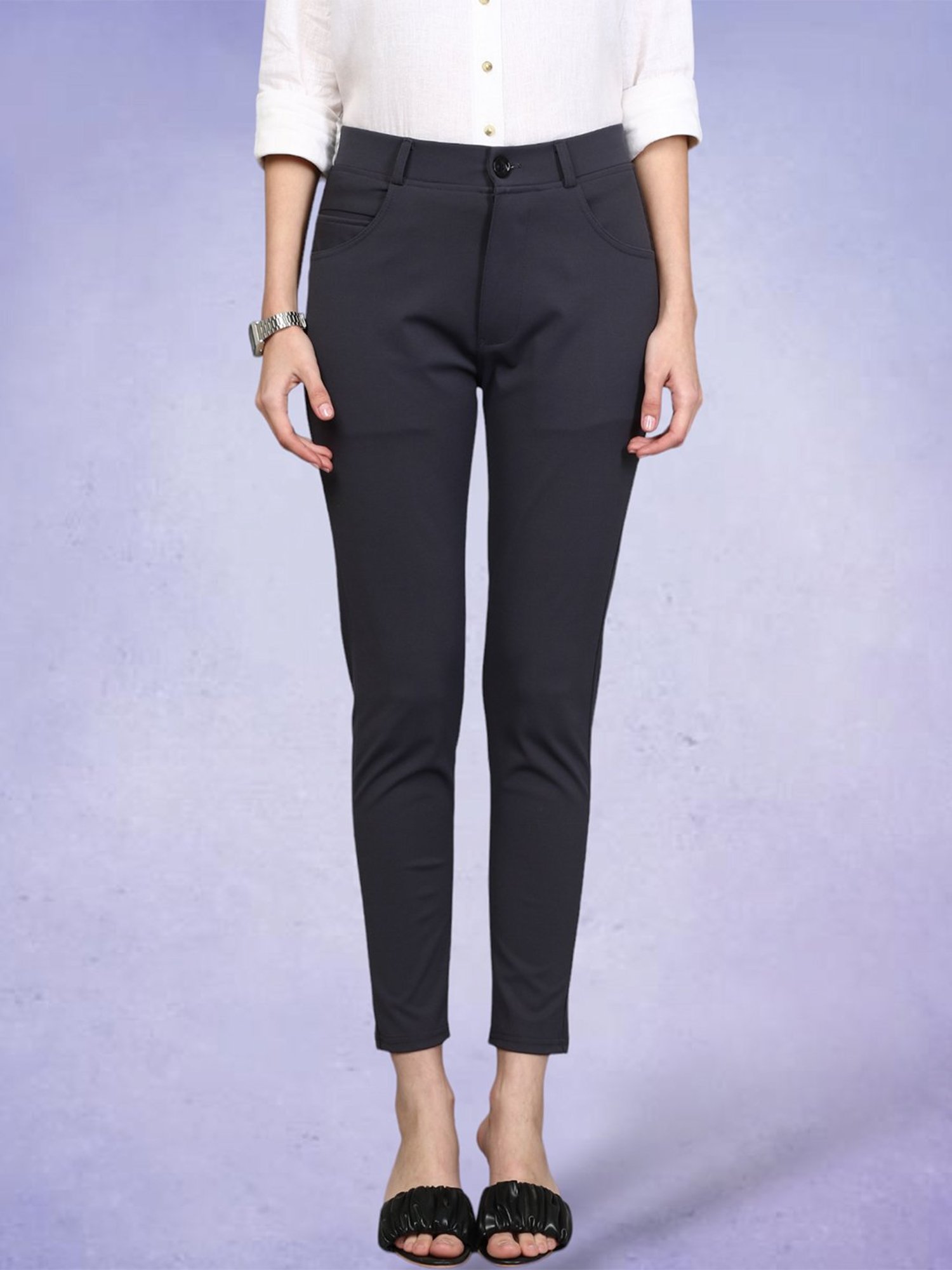 FITHUB Dark Grey Slim Fit High Rise Trousers