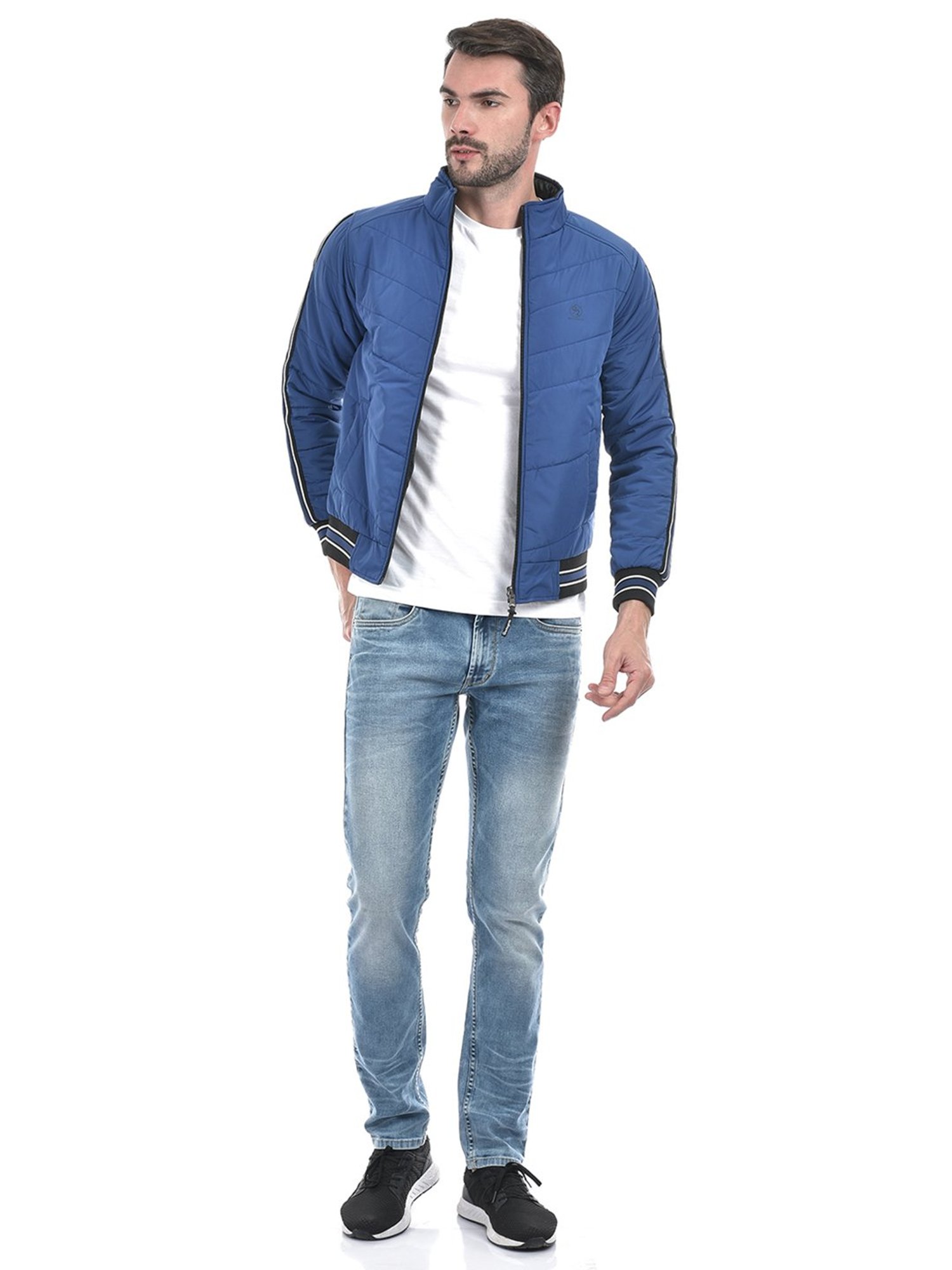 Integriti Blue & Black Regular Fit Striped Reversible Jacket