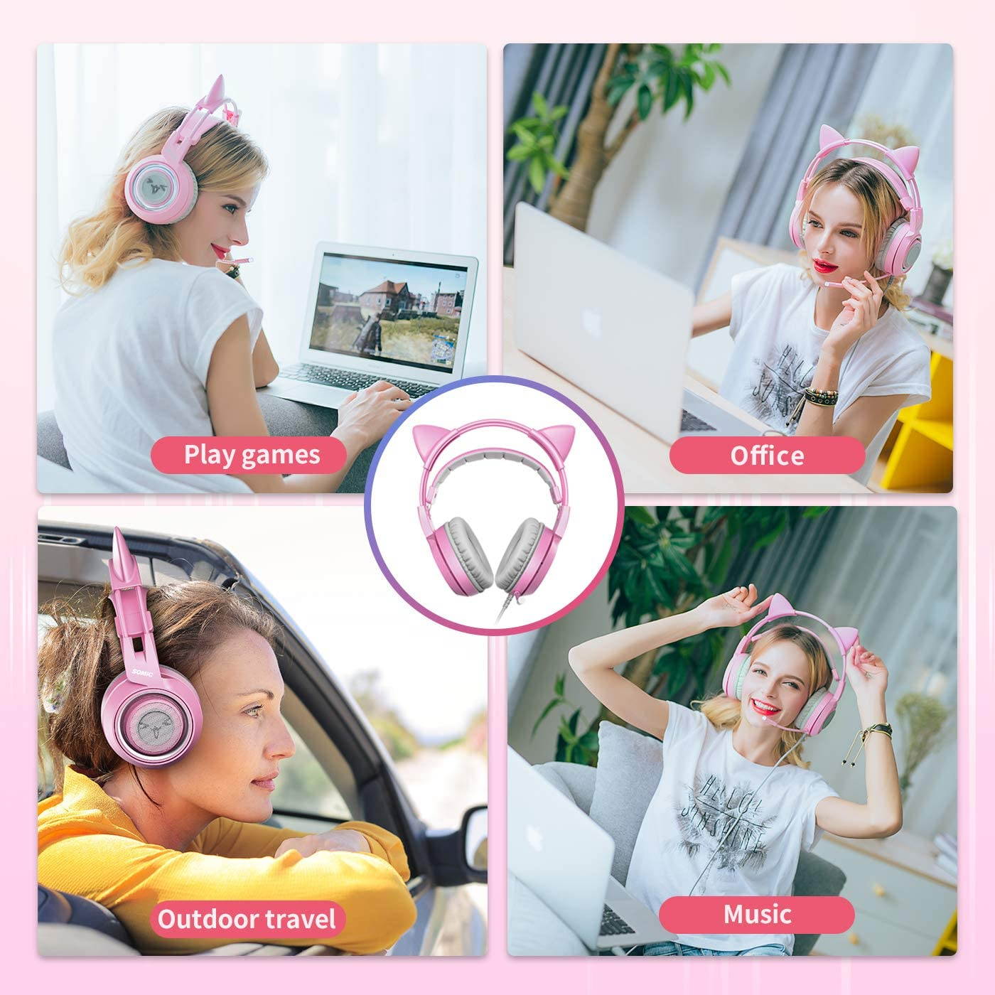 SOMIC Pink Stereo Gaming Headset with Mic for PS4, Xbox One, PC, Mobile Phone, 3.5MM Sound Detachable Cat Ear Headphones Lightweight Self-Adjusting Over Ear Headphones for Women
