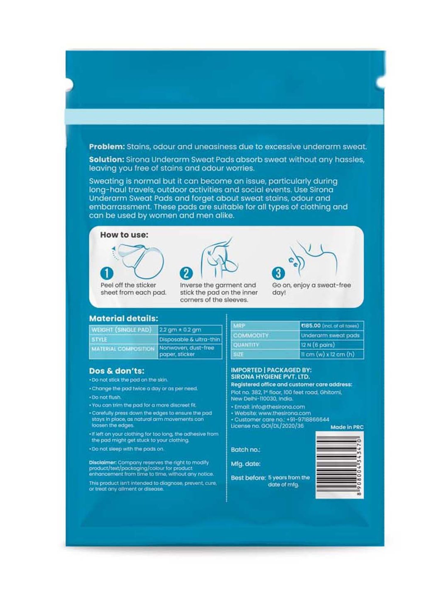 Sirona Anti Stain Underarm Sweat Pads - 36 Pads