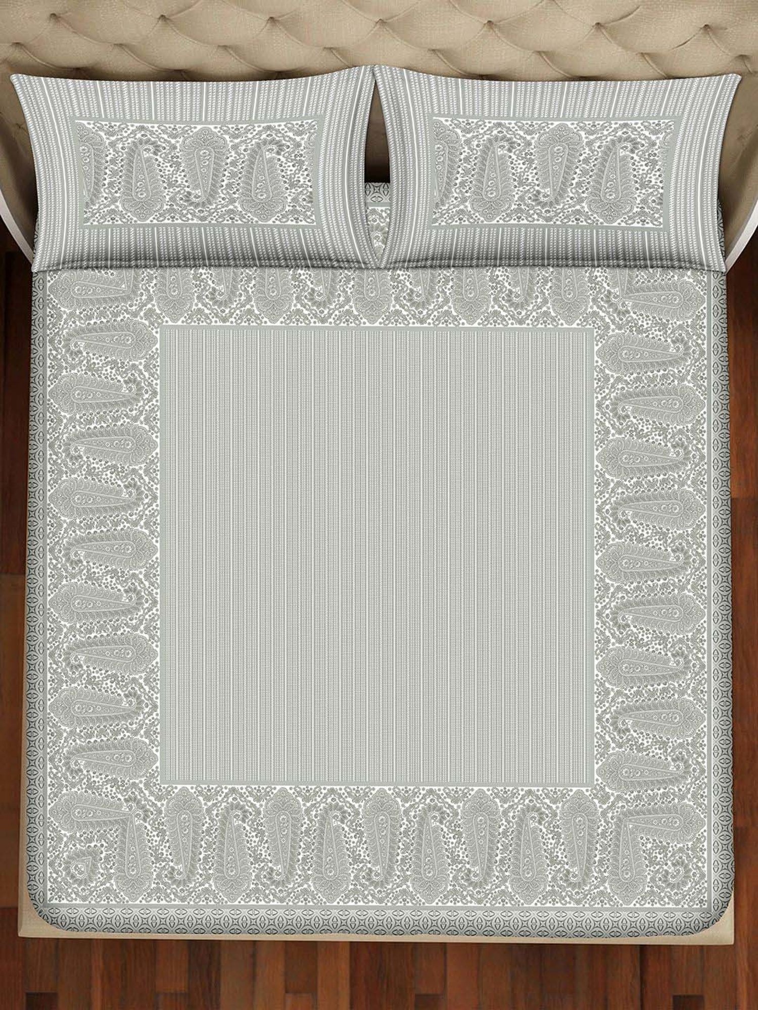 BELLA CASA Amer Printed Grey 350 TC Plain King Bedsheet with 2 Pillow Covers