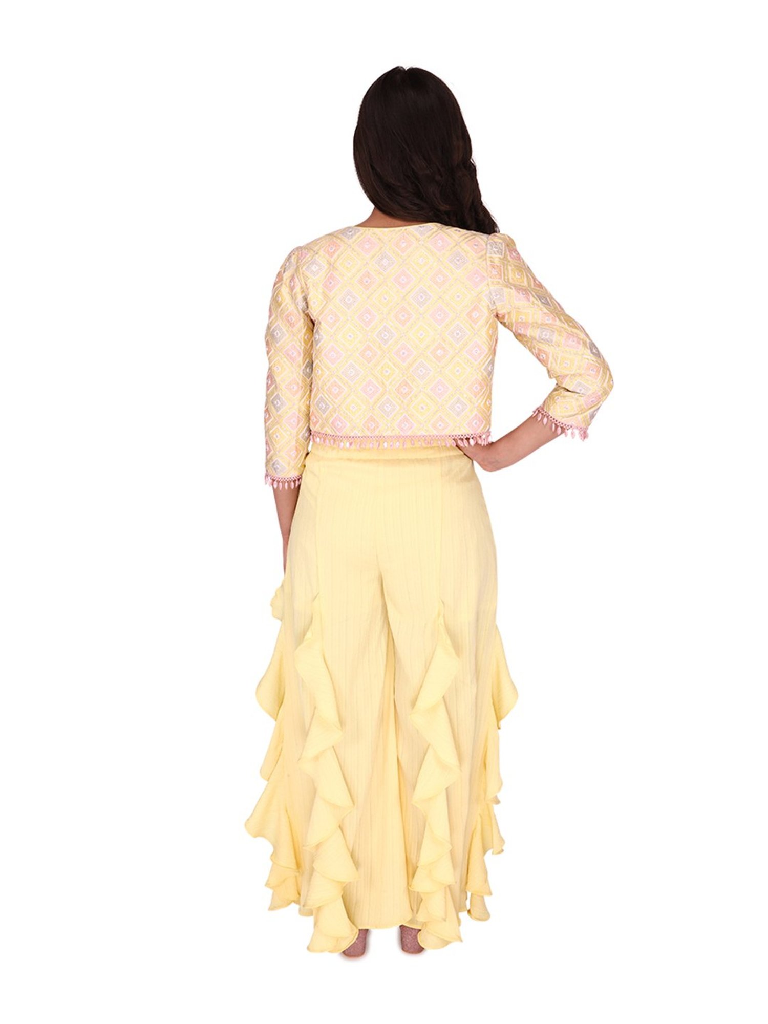 Cutecumber Kids Yellow Embroidered  Choli,  Shrug &  Plazzos