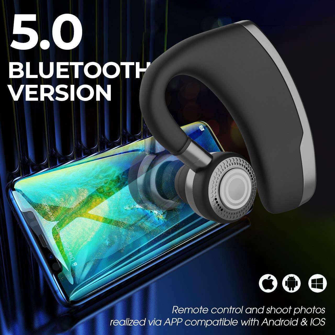 ESTONE Ear Hook Bluetooth Wireless Headphones  with Mic Cell Phone Noise Cancelling Bluetooth Earpiece 6-Hr Playing Time with Noise Cancelling Ear Hooks for Business/Office/Driving Call(Black)