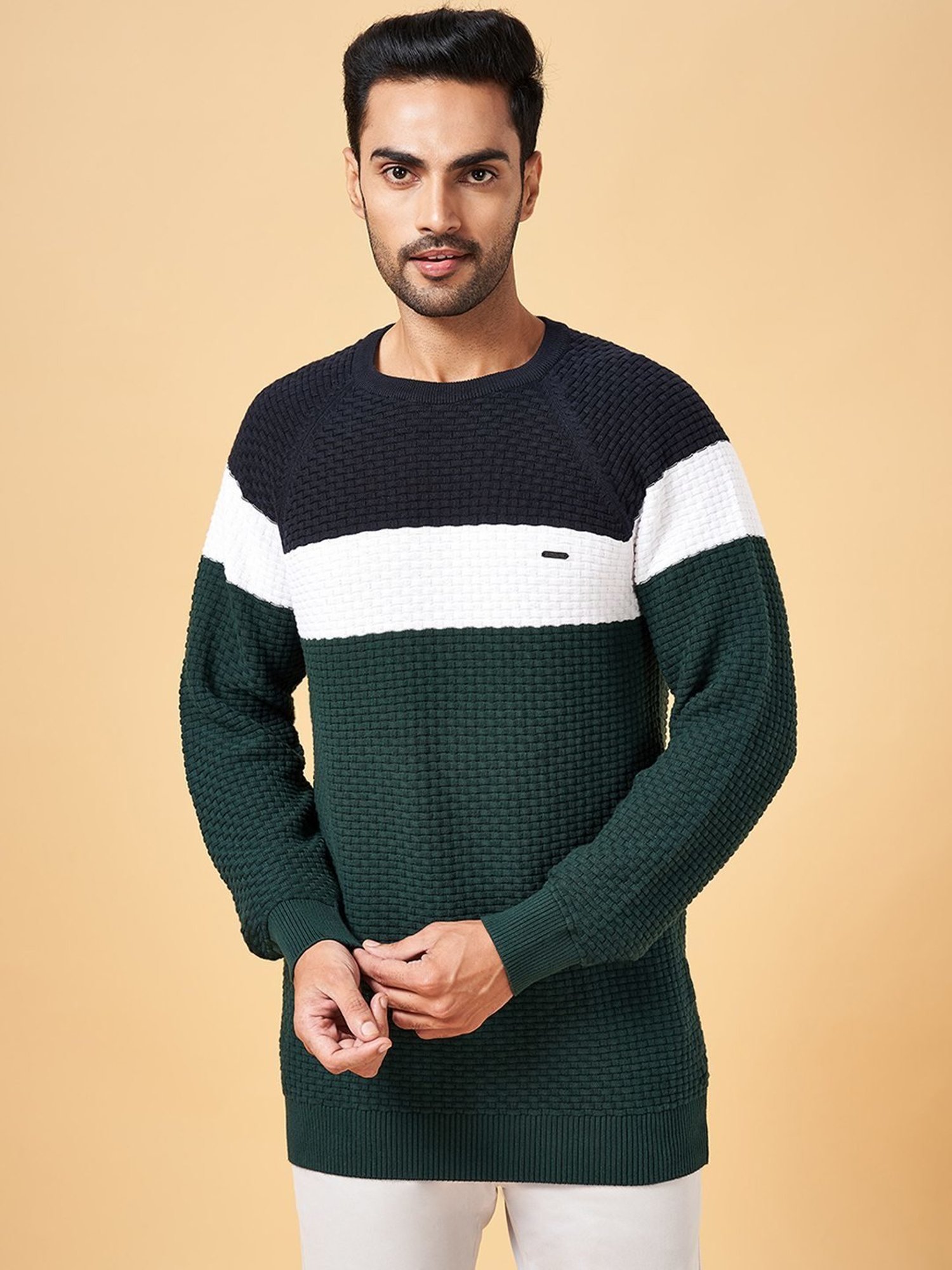 Byford by Pantaloons Multicolored Cotton Slim Fit Colour Block Sweater