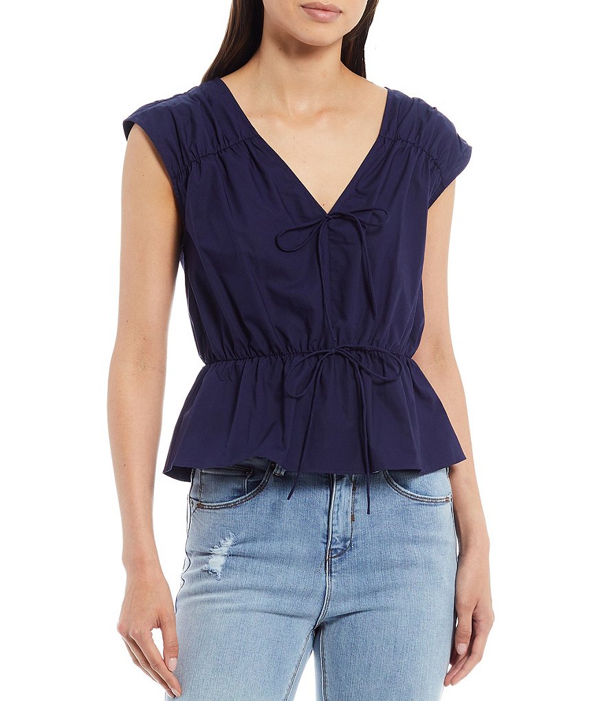 A Loves A Cinched Yoke and Waist Peplum Cap Sleeve Blouse