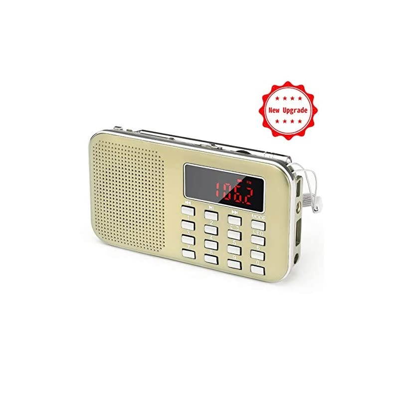 Mini Portable Radio AM FM Pocket Radio with LED Flashlight, Digital Radio Speaker Support Micro SD/TF Card/USB, Auto Scan Save, 1200mAh Rechargeable Battery Operated, by [Latest Version]