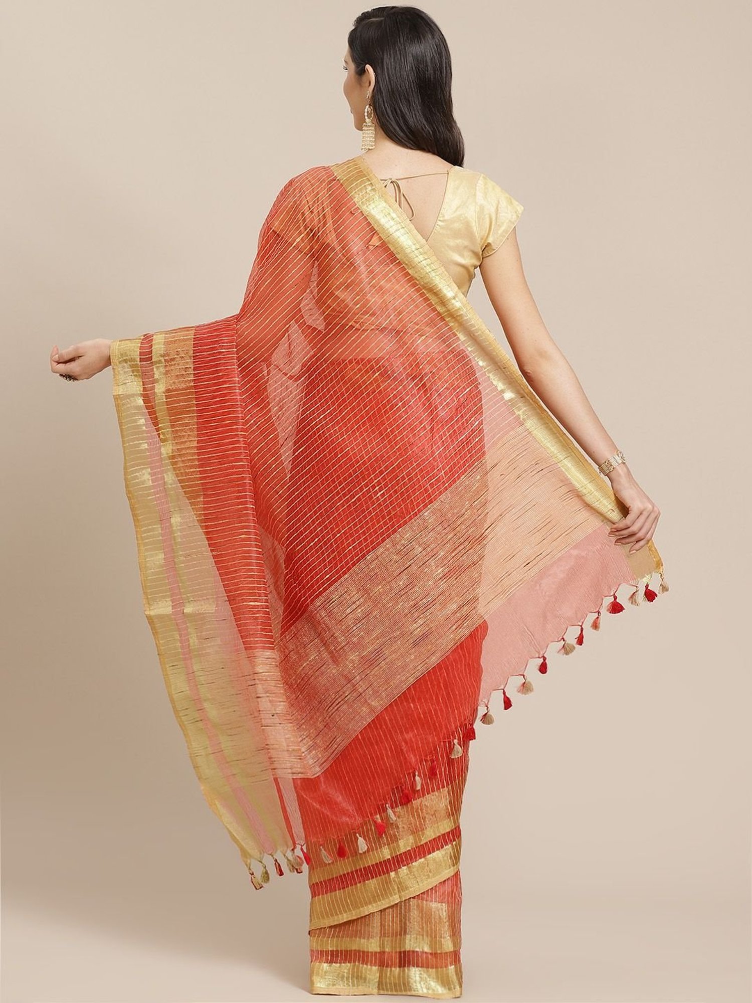 Kalakari India Peach Embroidered Saree With Unstitched Blouse