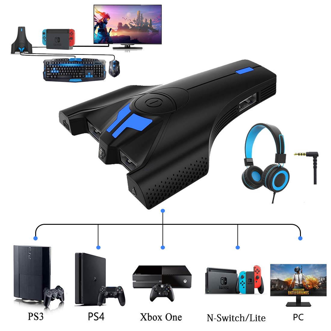 New Upgrade Wired Keyboard and Mouse Adapter Converter for Xbox One PS4 PS3 Nintendo Switch & Lite PC with Upgraded 3.5mm Headphone Jack Support in-Game Voice, Button Customization with Reset Button
