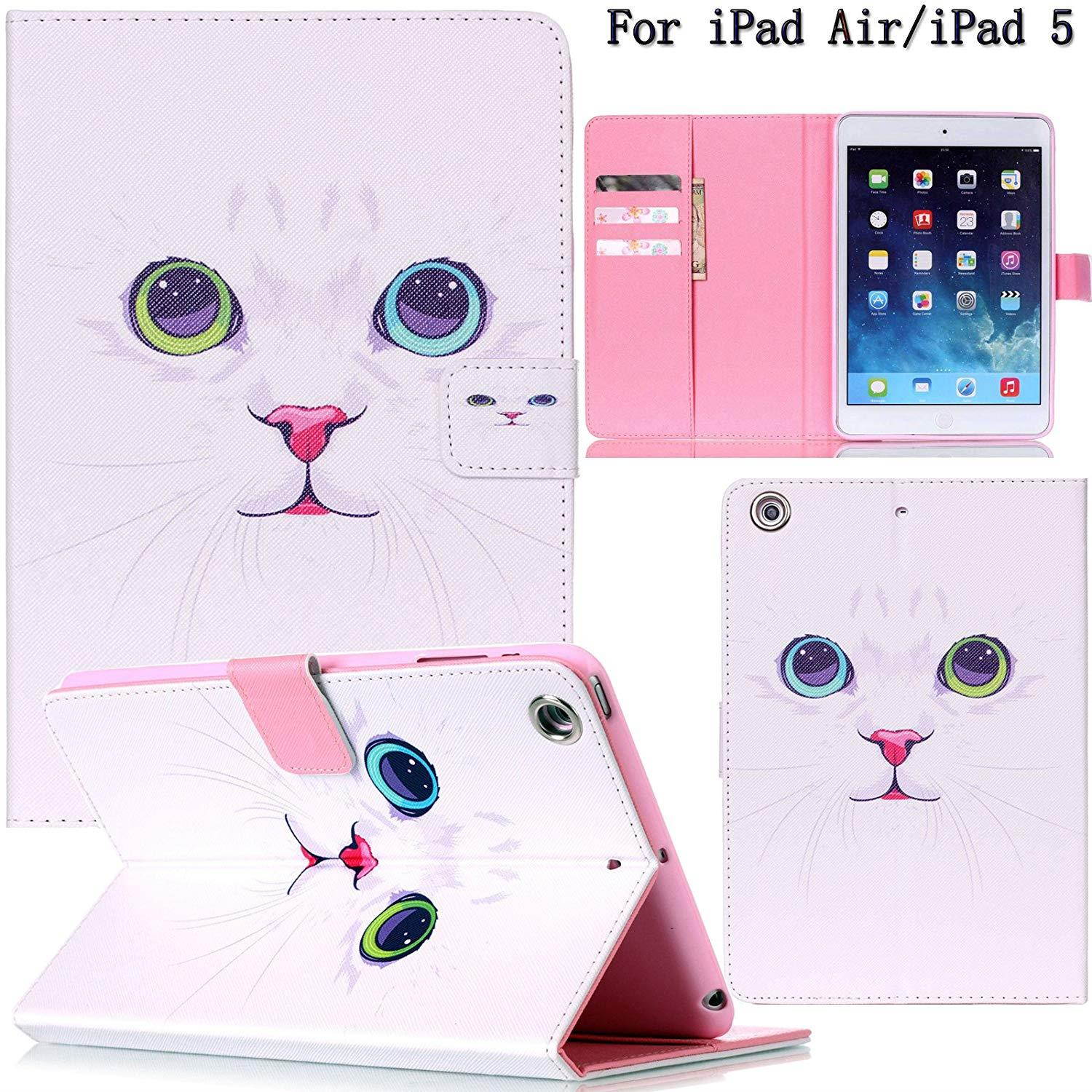 iPad Air Case, Newshine [Kickstand] Premium PU Leather Magnetic  with Card Slots, Pocket Case Cover with [Auto Sleep/Wake Feature] for Apple iPad Air (iPad 5) 2013 Model (White Cat)