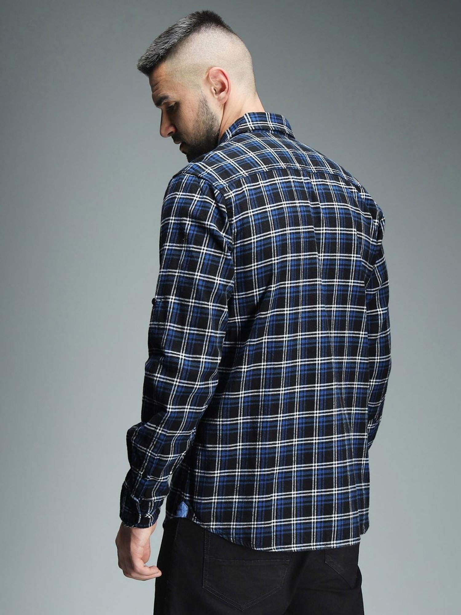 High Star Blue Cotton Regular Fit Checks Shirt