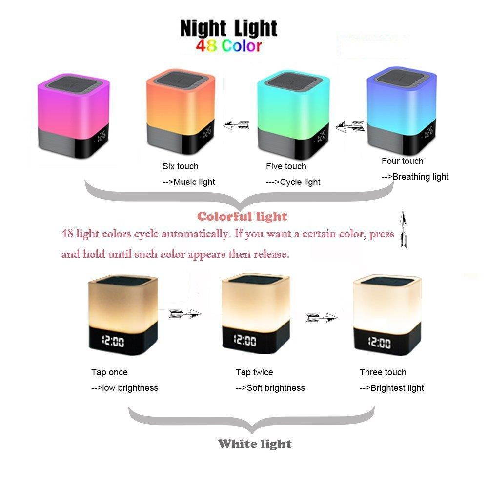 Alarm Clock Bluetooth Speaker,Night Light Bluetooth Speaker,Color Changing Speaker,Touch Sensor Bedside Lamp Dimmable Warm Light,Night Light Wireless Speaker,Ideal for Kids,Party,Bedroom,Camping