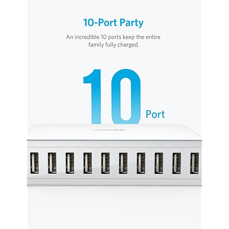 60W 10-Port USB Wall Charger, PowerPort 10 for iPhone Xs/XS Max/XR/X/8/7/6s/Plus, iPad Pro/Air 2/Mini, Galaxy S9/S8/S7/Plus/Edge, Note 8/7, LG, Nexus, HTC and More