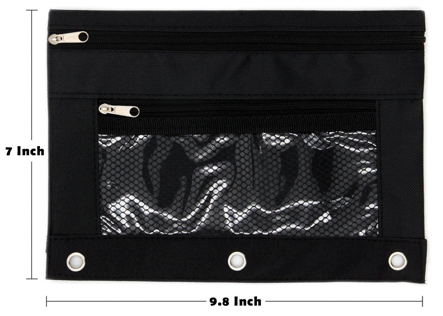Pencil Case Pencil Pouch Zipper with 3 Ring and Double Pocket and Mesh Window(Black,6 Pack)