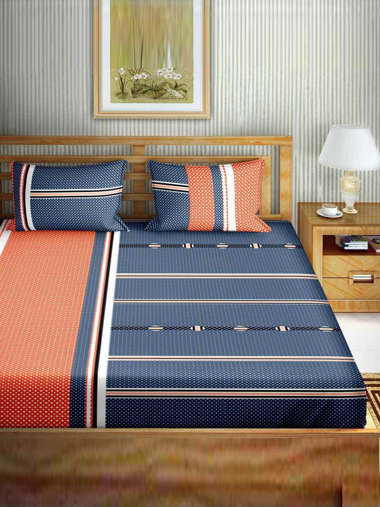 Bella Casa Stella Collection Orange & Blue Cotton 180 TC Bedsheet with 2 Pillow Covers