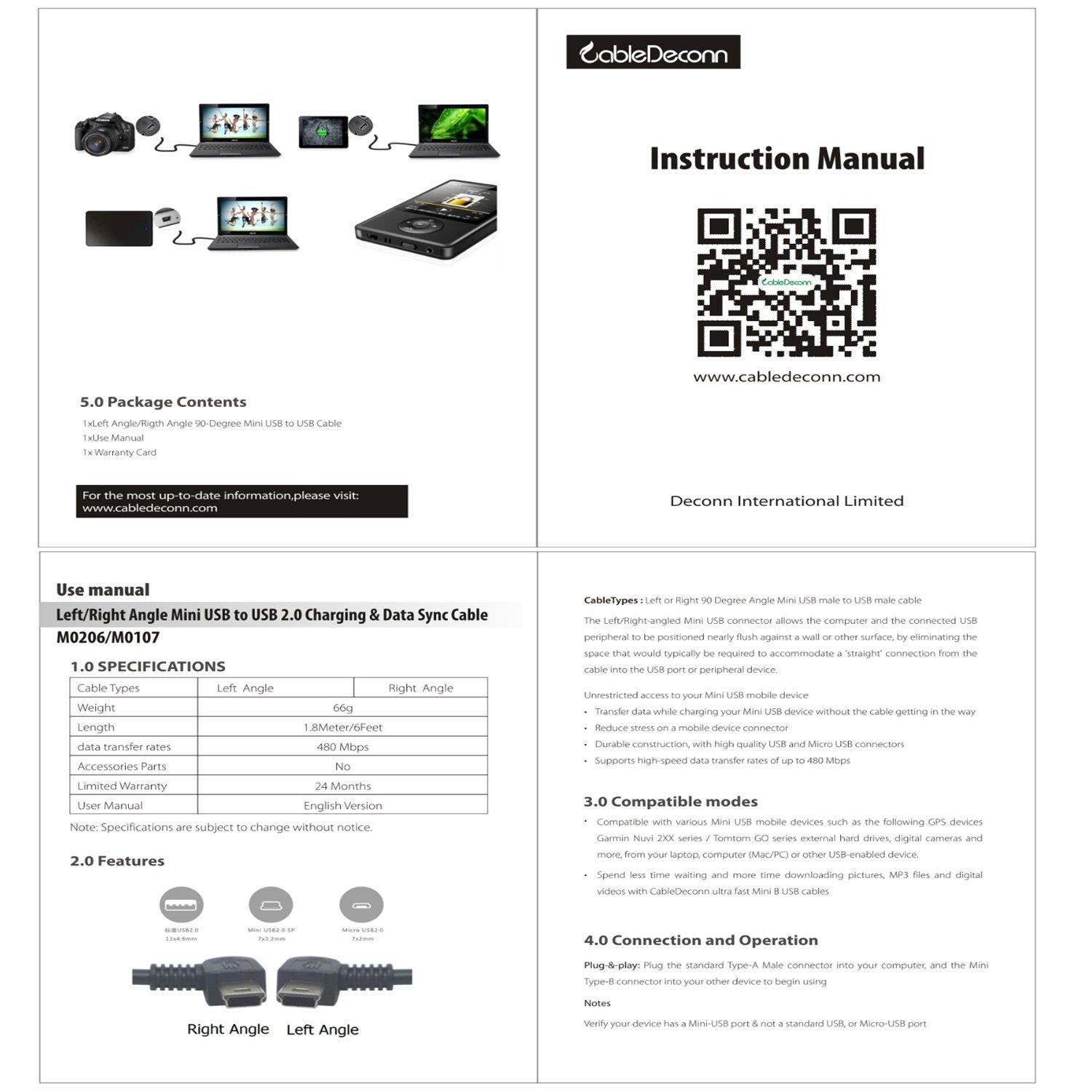 CableDeconn 6FT Mini USB B Type 5pin Male Left Angled 90 Degree to USB 2.0 Male Data Car GPS Devices Cable