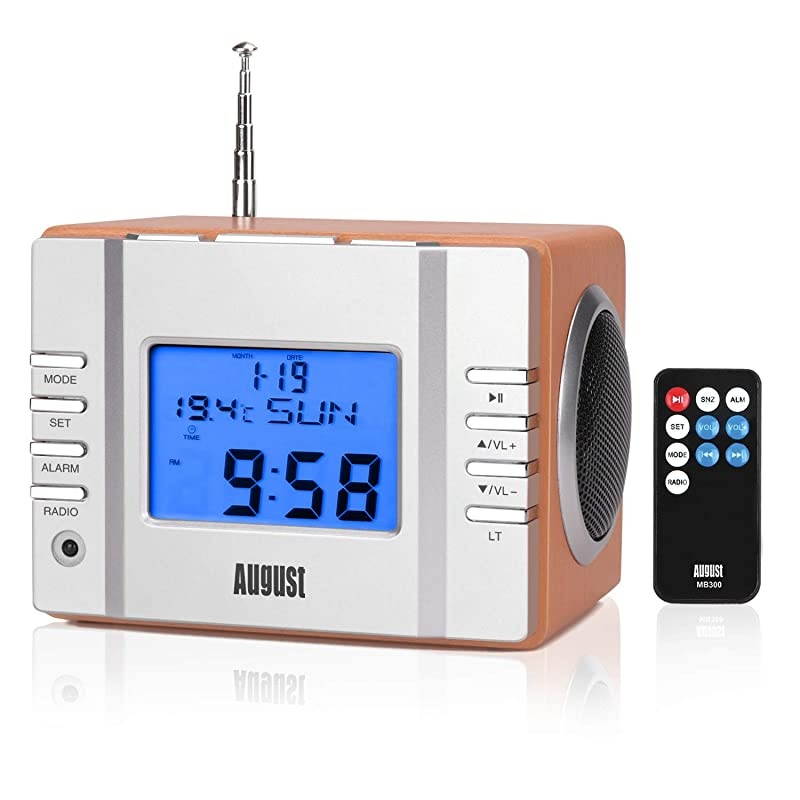 MB300 Mini Wooden MP3 Stereo System and FM Clock Radio with Card Reader USB Port AUX Jack 35mm Audio In 2 x 3W Powerful HiFi Speakers and Builtin Rechargeable Battery
