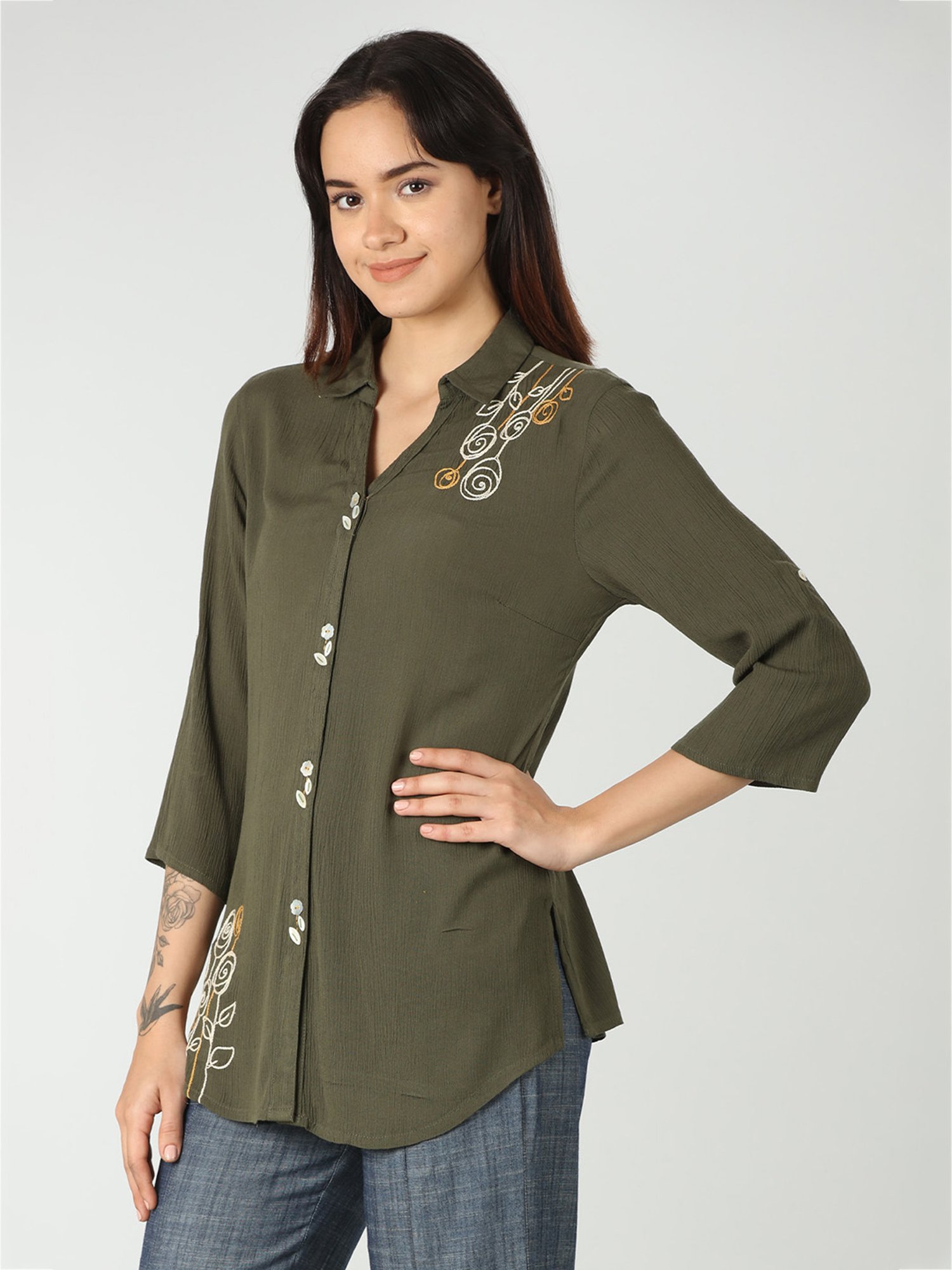 Mustard Olive Embroidered Shirt