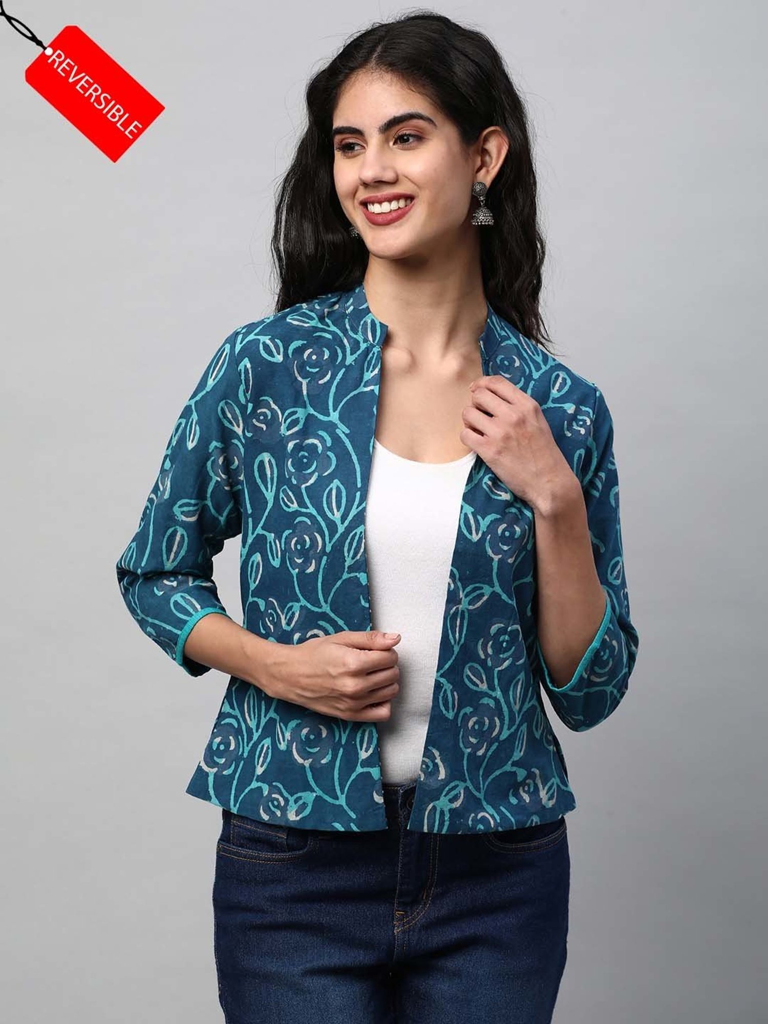 Kami Kubi Blue Printed Reversible Short Jacket