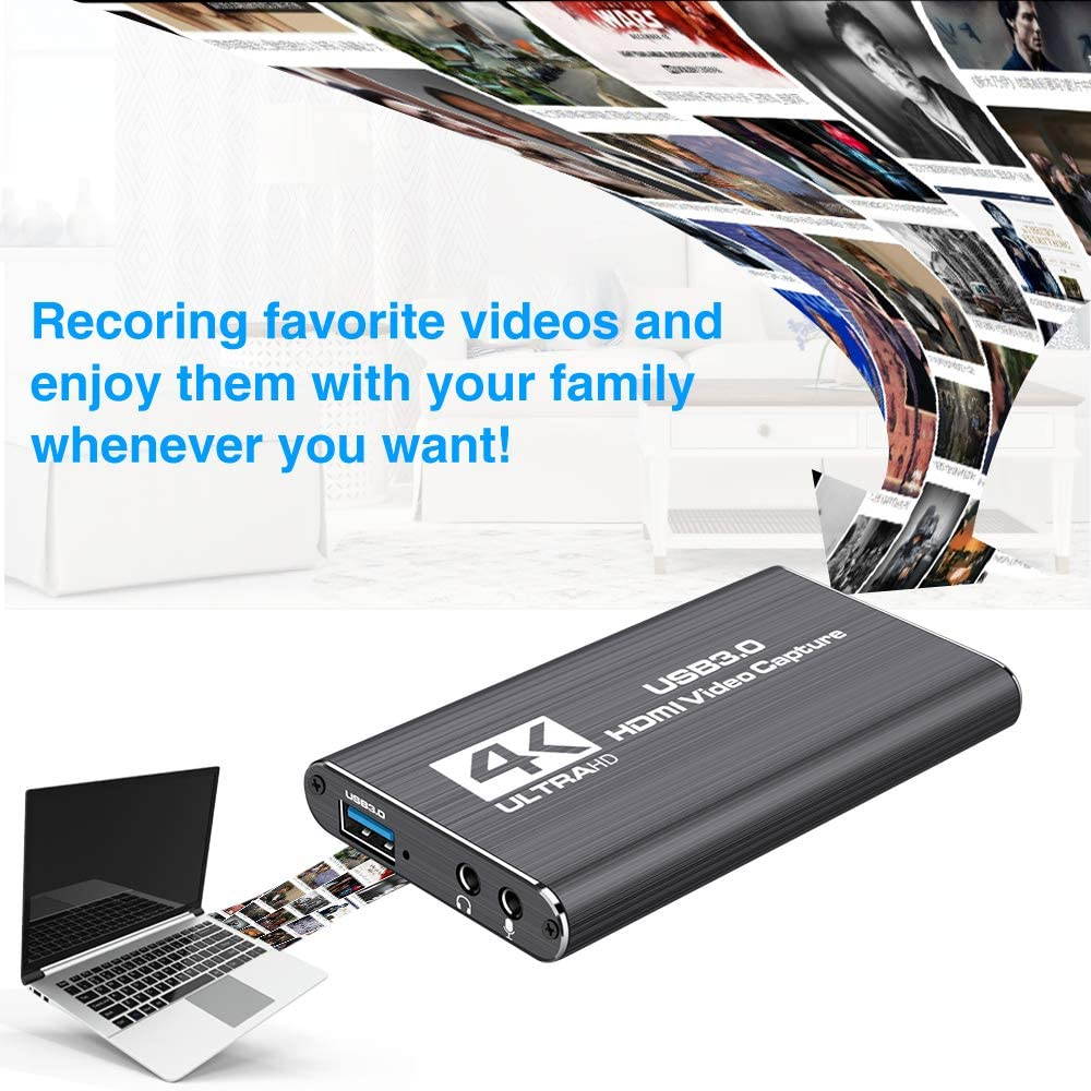 Audio Video Capture Card, HDMI USB3.0 4K 1080P 60fps Reliable Portable Video Converter for Game Streaming Live Broadcasts Video Recording(Black)