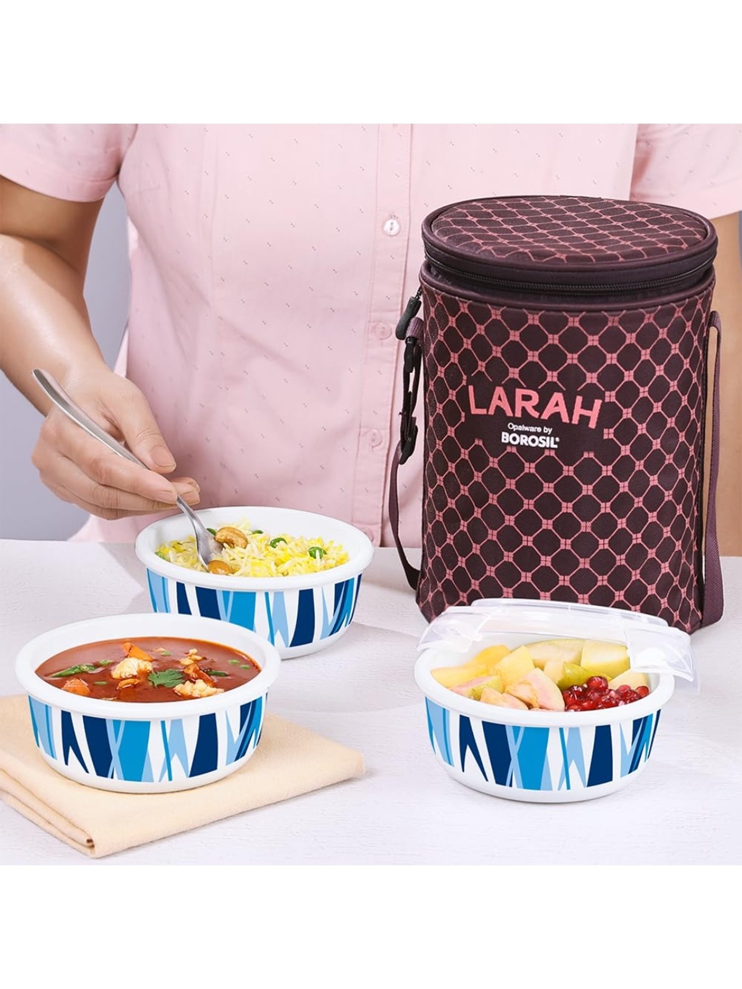 Larah by Borosil Blue Opalware Lunch Box with Lunch Bag