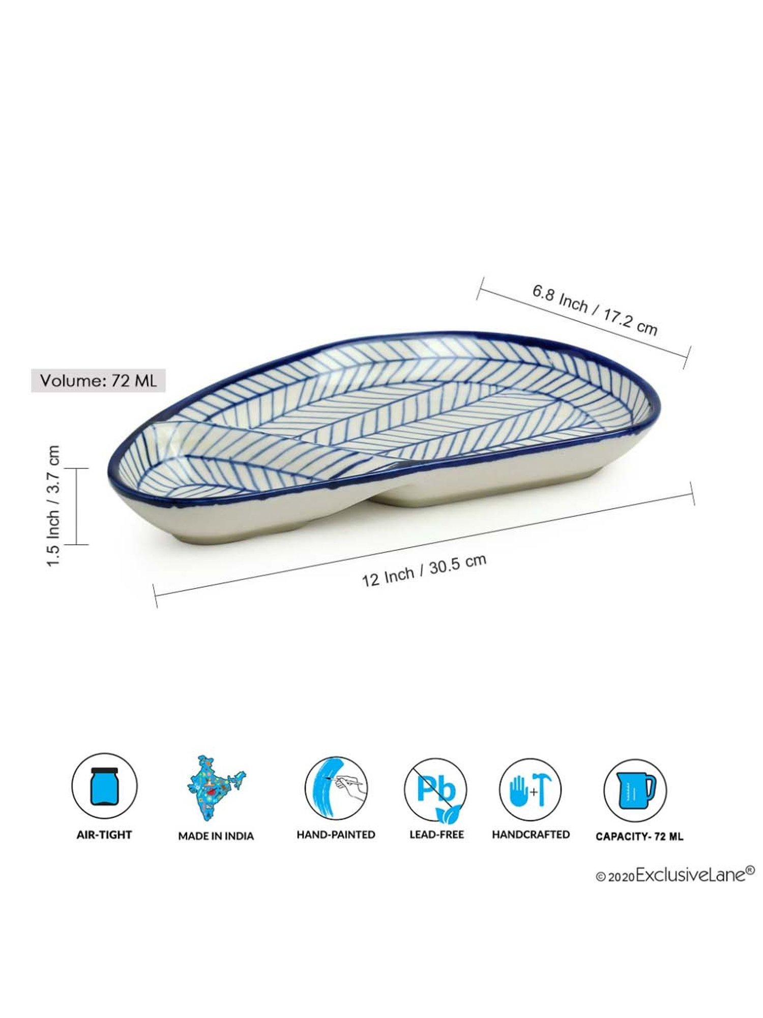 ExclusiveLane 'Indigo Chevron Avocado' Hand-painted Microwave Safe Ceramic Chip-N-Dip Platter