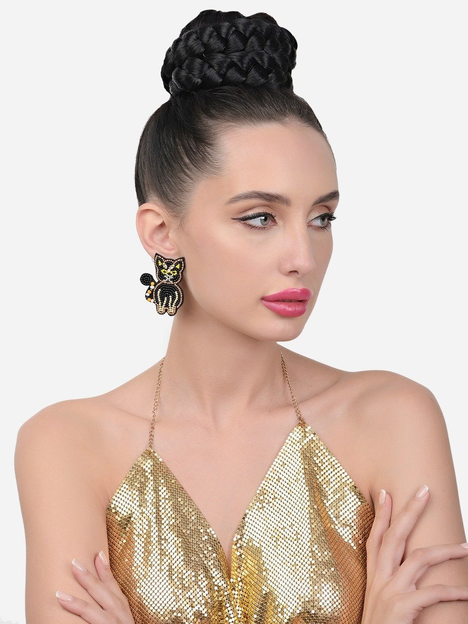 Zaveri Pearls Black Yellow Beads Stones Contemporary Hand Crafted Cat Studs Earring-ZPFK15626