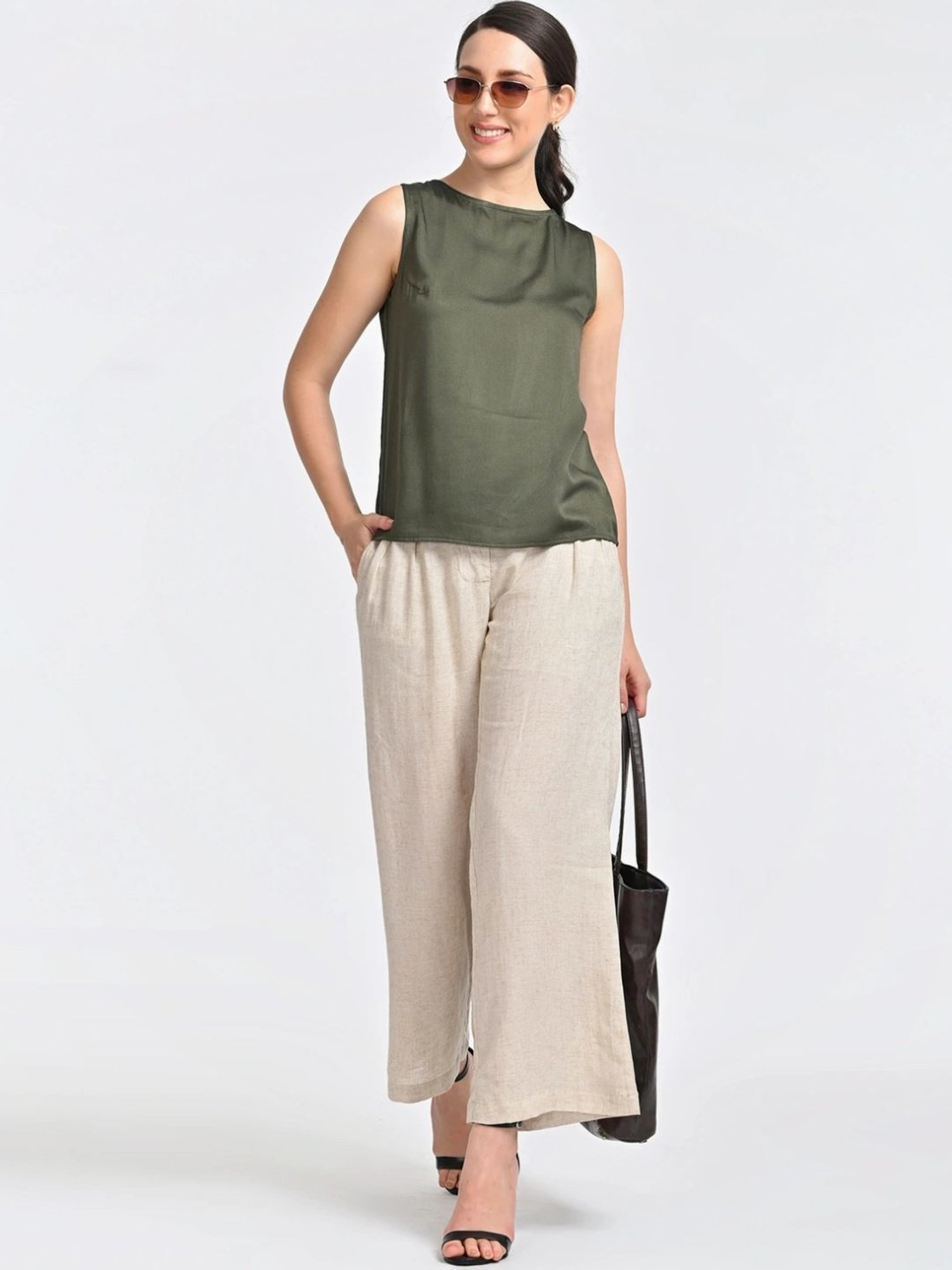 Saltpetre Olive Shell Top With Beige Trouser Co-ords Set
