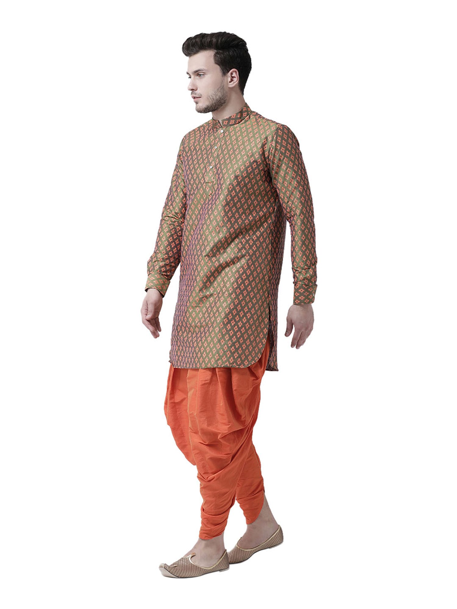 Deyann Green & Orange Mandarin Collar Kurta Set