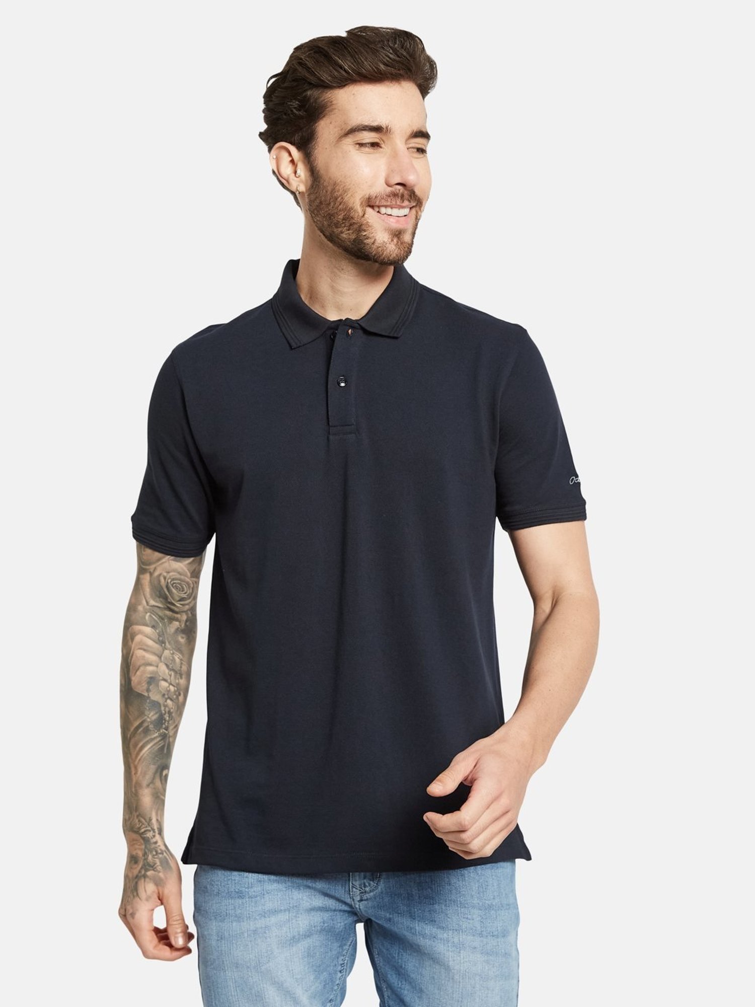 Octave Light Navy Cotton Regular Fit Polo T-Shirt