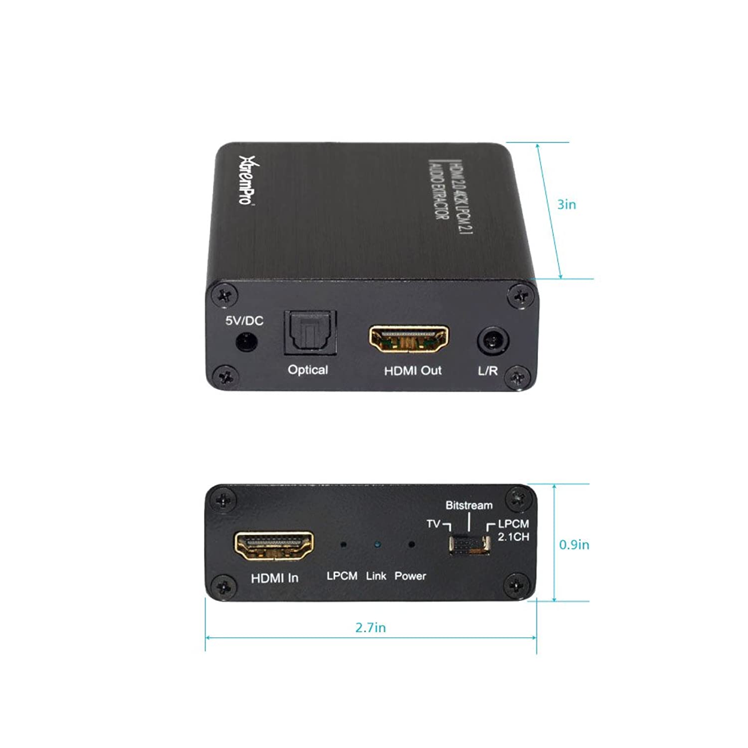 XtremPro HDMI to HDMI 4Kx2K 60Hz/50Hz W/Optical Toslink SPDIF, 3.5mm Earphone, Stereo, Speakeraudio Extractor Converter w/ TV, Bitstream, Lpcm 2 Ch Switch, HDMI Audio Splitter Adapter - Black (61042)