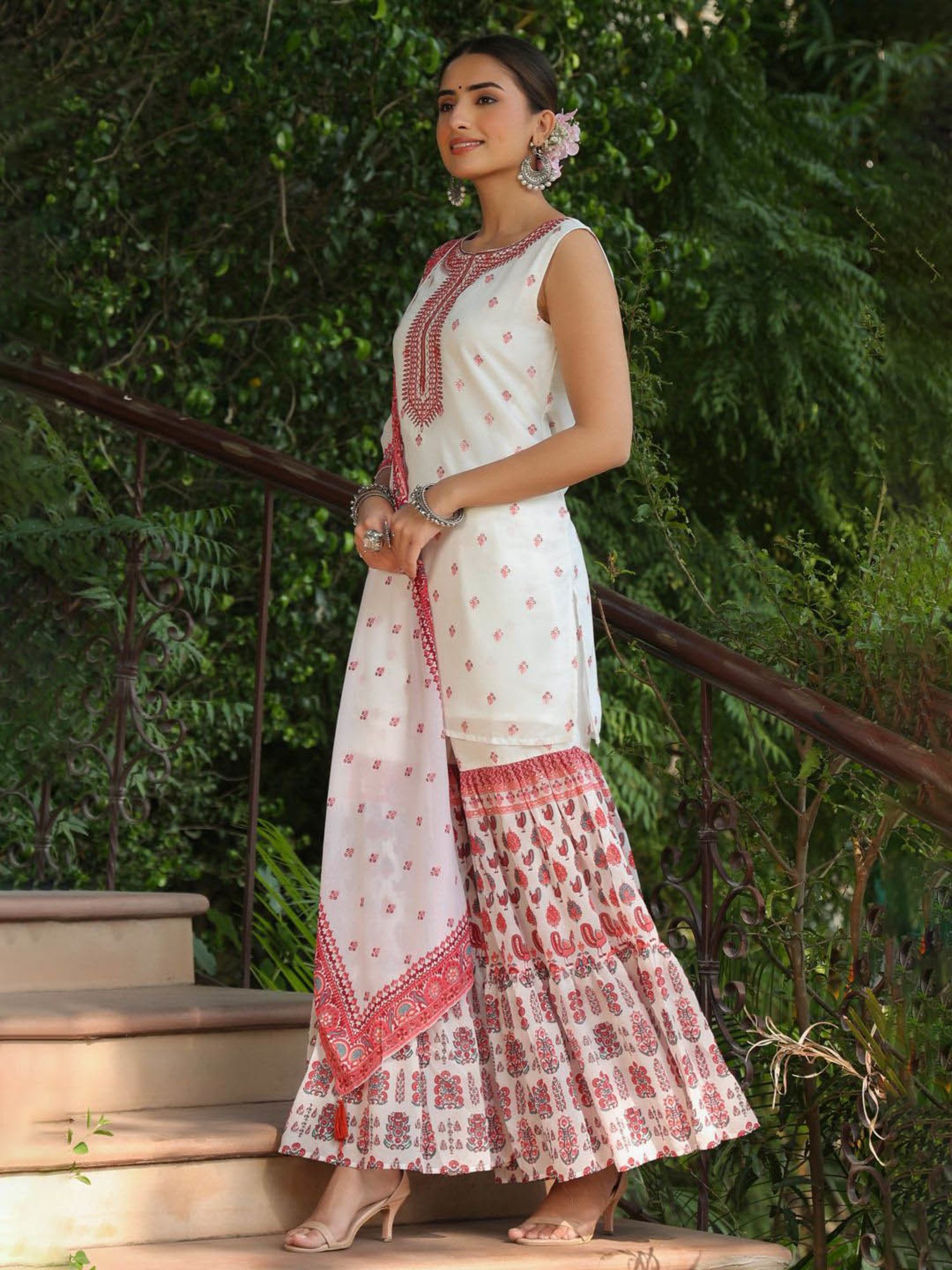 Juniper Maroon Ethnic Motif Print Georgette Kurta Sharara & Dupatta Set With Thread Work Embroidery