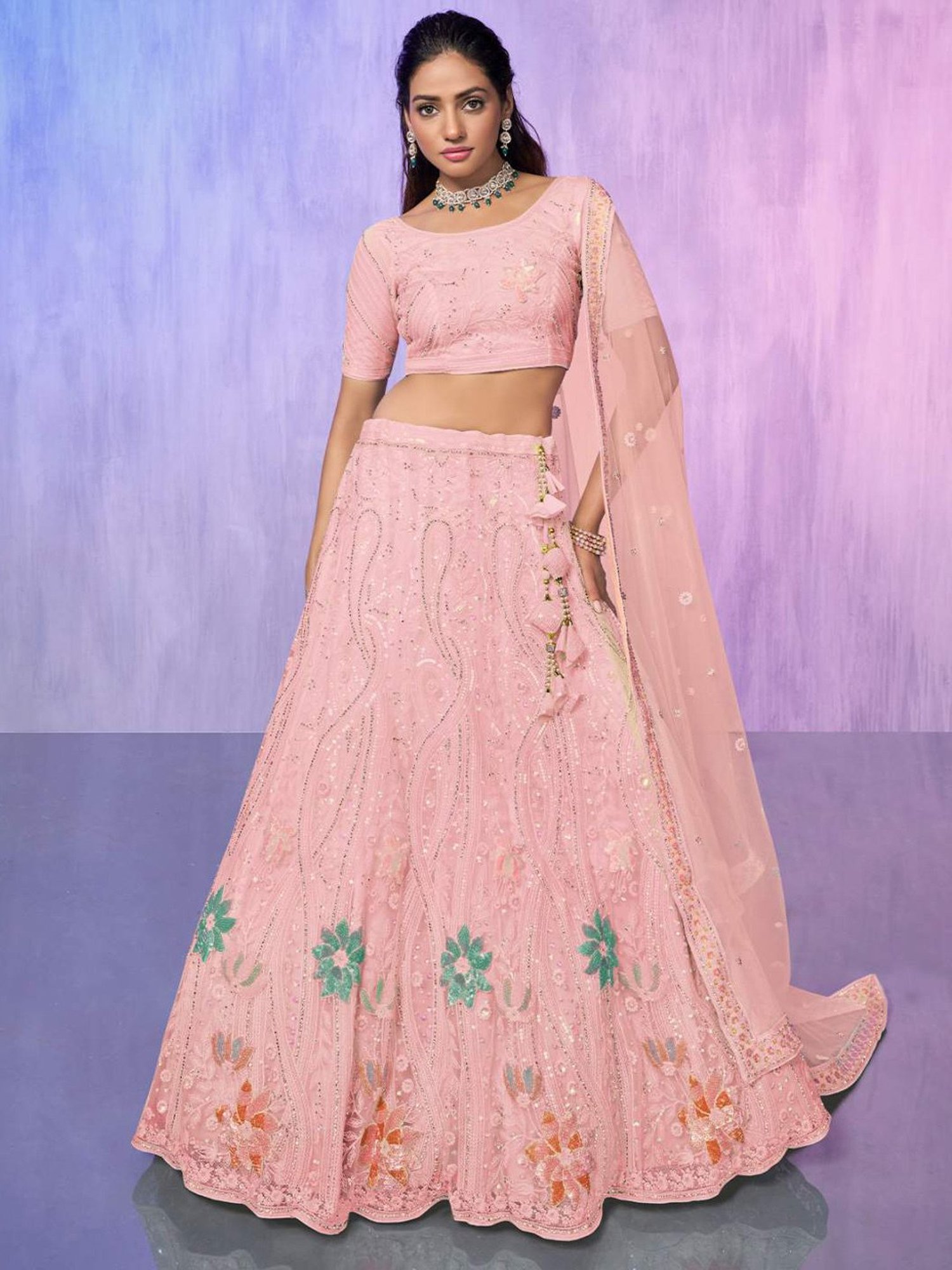 Odette Pink Embroidered Semi Stitched Lehenga Blouse Set With Dupatta