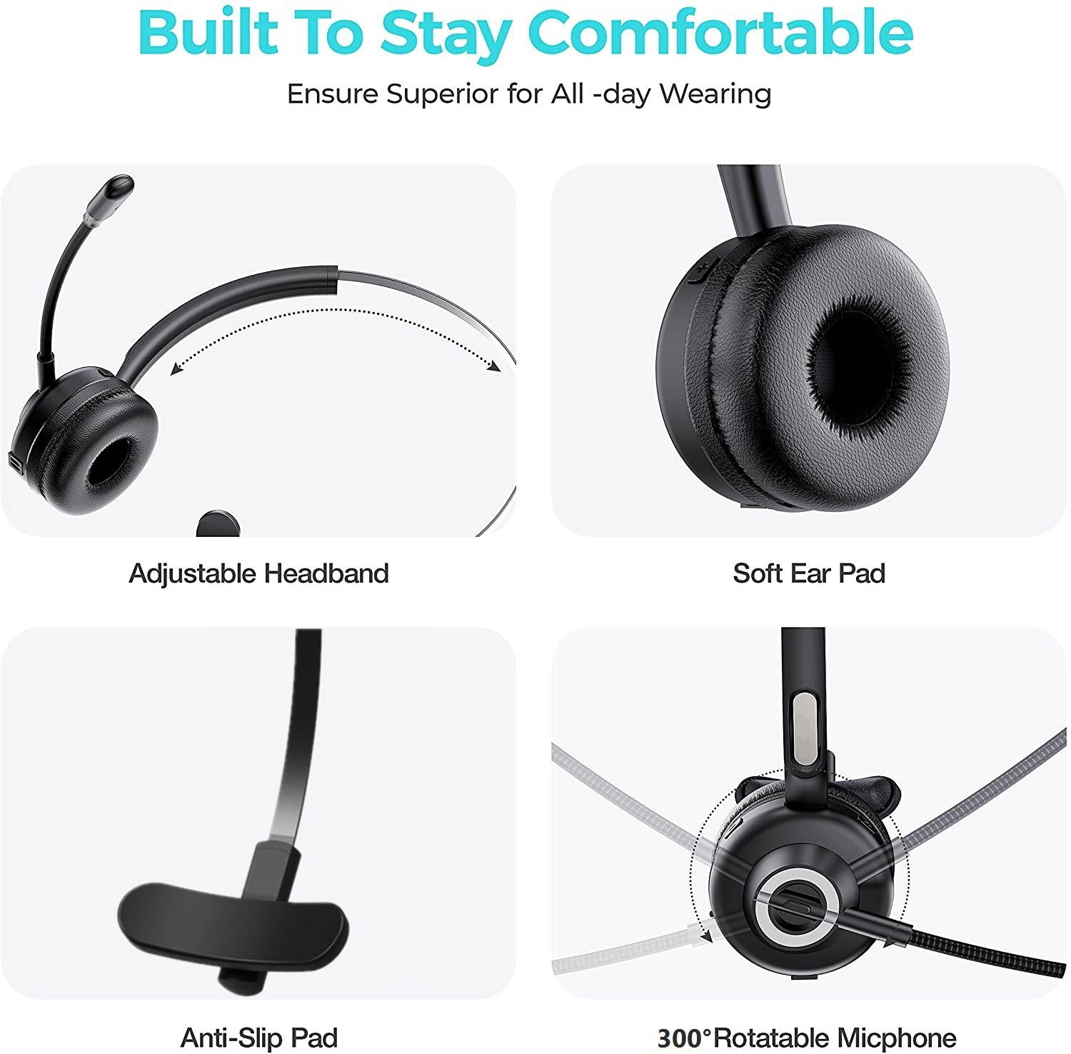 UKCOCO Bluetooth Headset with Noise Canceling, Wireless Bluetooth Headset with Microphone ,for PC, Call Center, Cellphone, Online Teaching, Conference Calls, 17 hrs Working Time for Long Haul