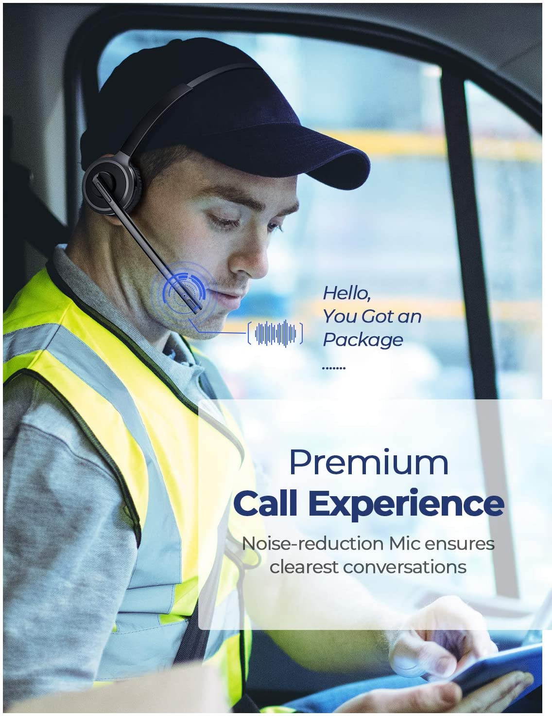 Bluetooth Headset with Microphone, Wireless Headphones for Cell Phone, Noise Canceling Headset with Charging Base for PC, Laptop, Truck Driver, Office, Call Center, Skype