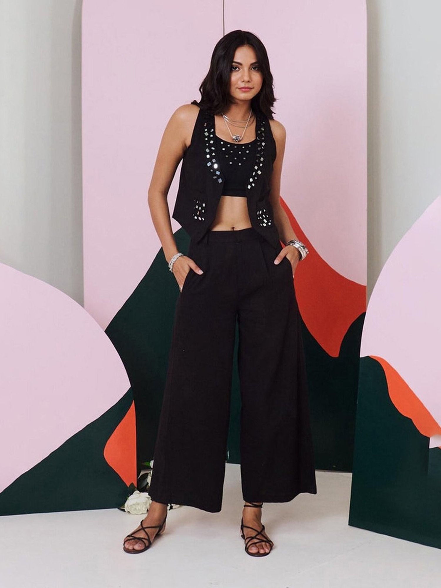 Gulaal Black Aaina Mirror Embroidered Waist Coat