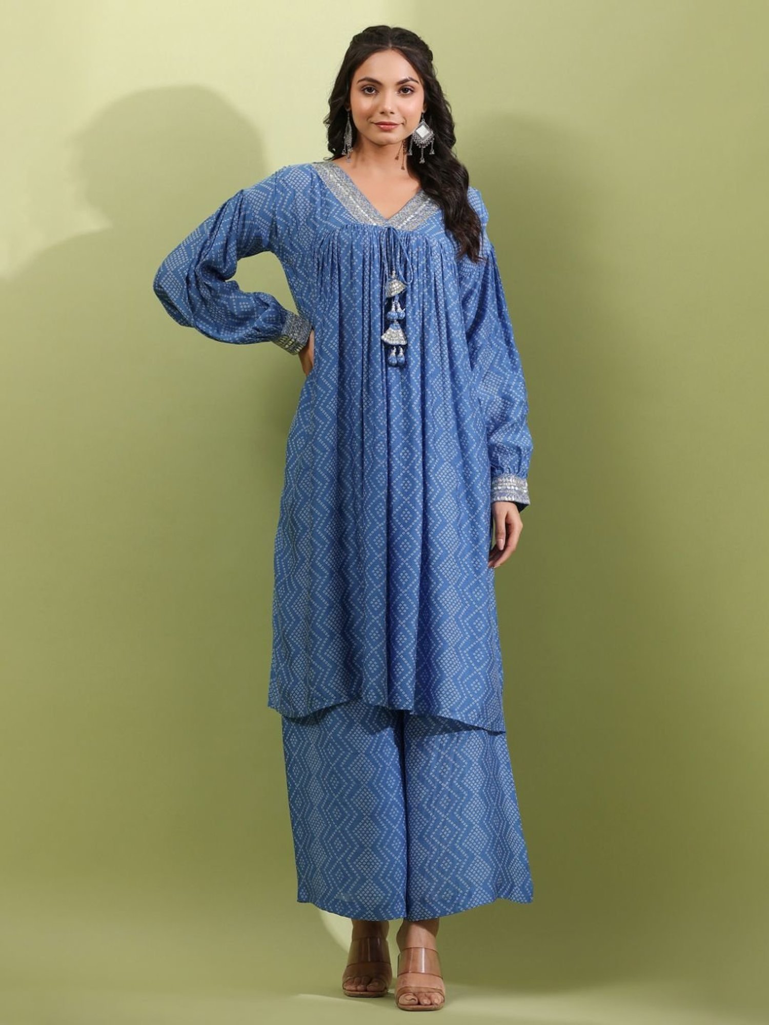Autumnlane Darly Azure Muslin Work Kurta With Palazzos