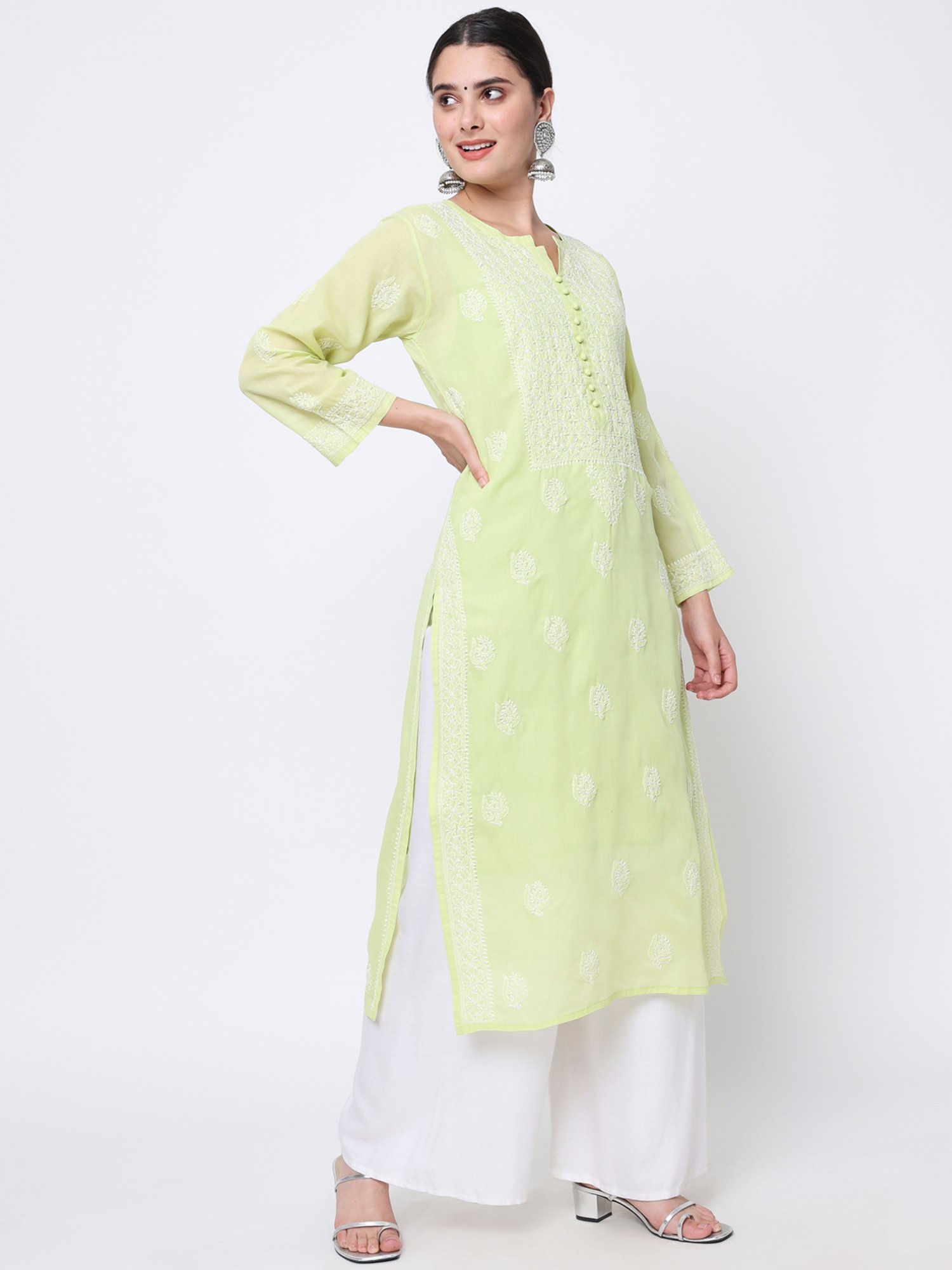 PARAMOUNT CHIKAN Green Cotton Chikankari Straight Kurta