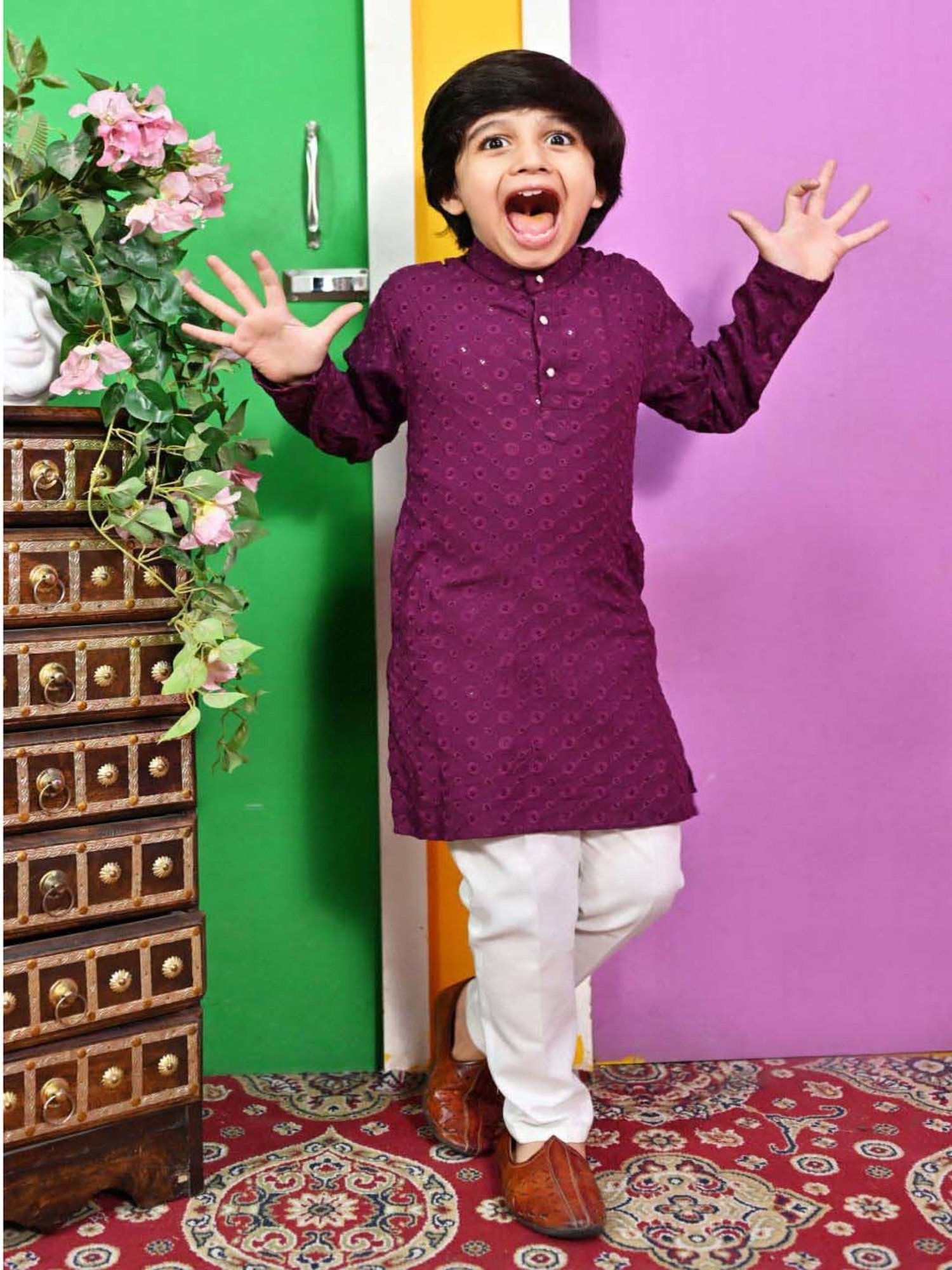 Ahhaaaa Kids Purple & White Cotton Embroidered Full Sleeves Kurta Set