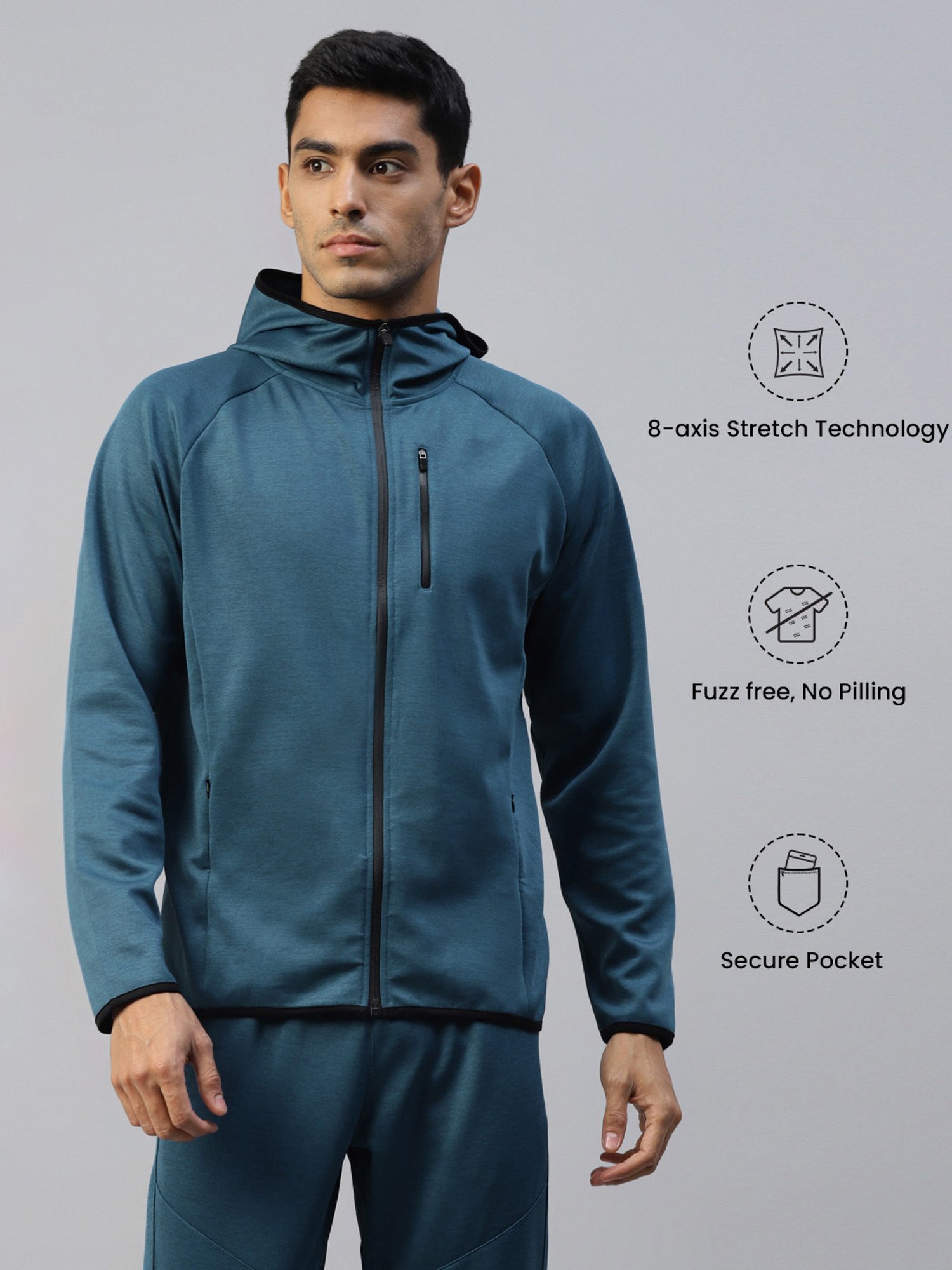 Slowave Teal Regular Fit Sports Hooded Jacket