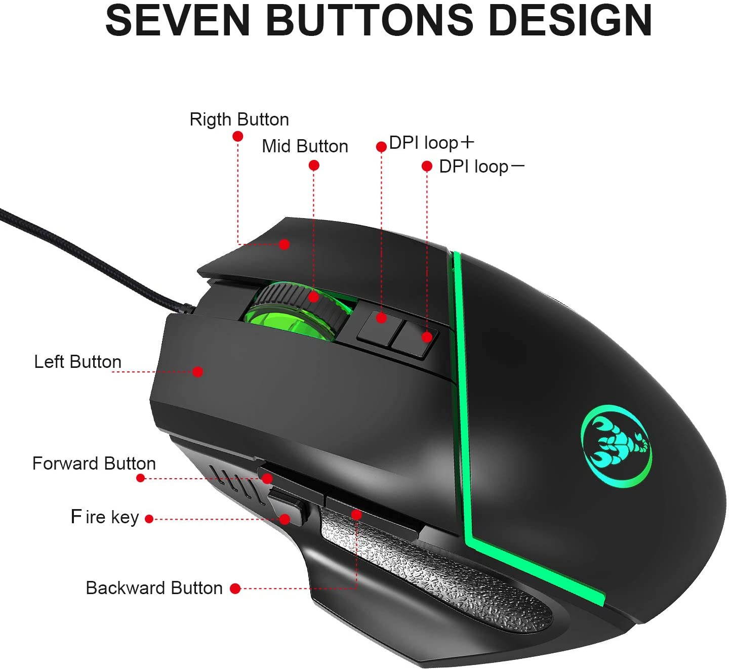 Gaming Mice Wired, Grip Ergonomic Optical PC Computer Gaming Mice with Shooting Button for Laptops, 7 Programmable Buttons, RGB with 7 Backlit 6400 DPI Adjustable for Windows PC Gamers (Black)
