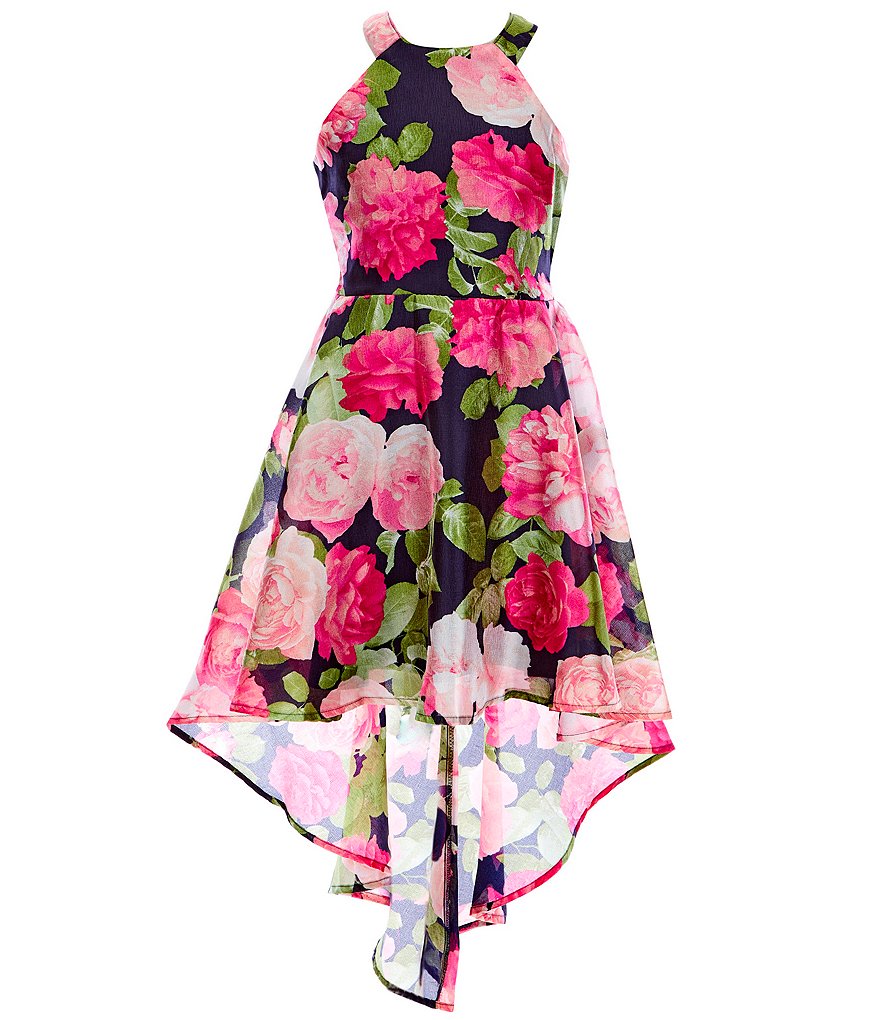 Poppies and Roses Big Girls 7-16 Caged-Back Floral Print Hi-Low Dress
