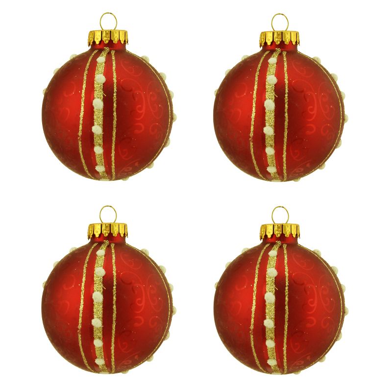 Northlight 4ct Matte with Swirls and Striped Glass Ball Christmas Ornament Set 2.5" - Red/Gold