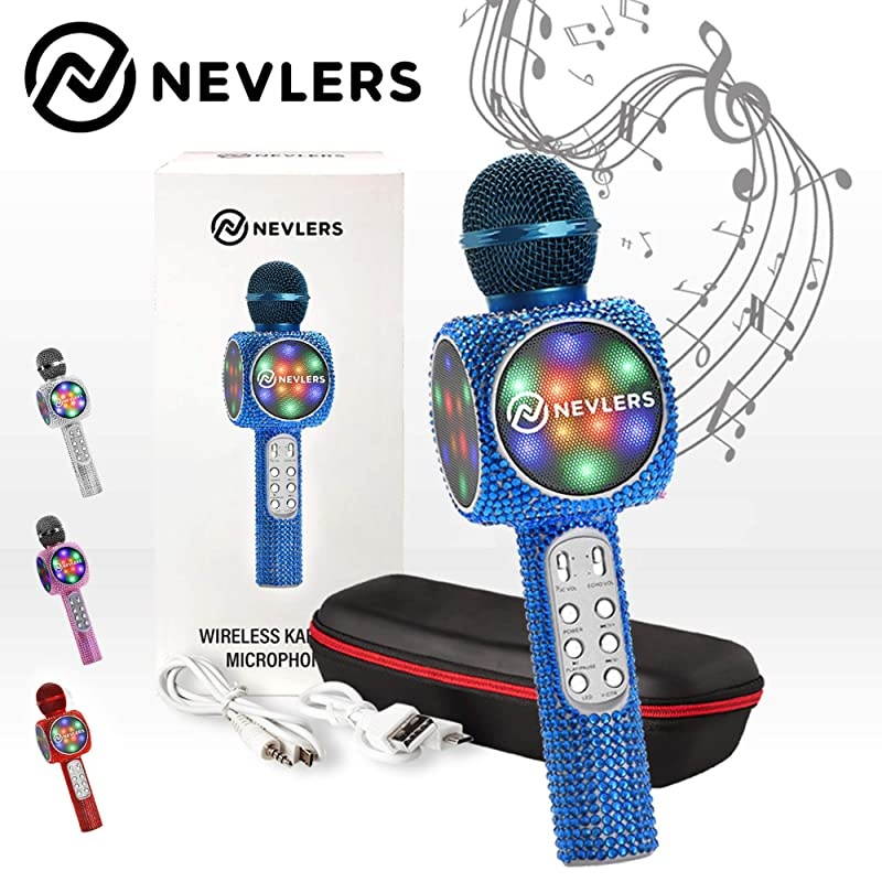 Karaoke Microphone with Wireless Bluetooth Speaker, Voice Changer and Colorful LED Lights, Easy to Use Portable Karaoke Machine for Kids and Adults - Blue Bling