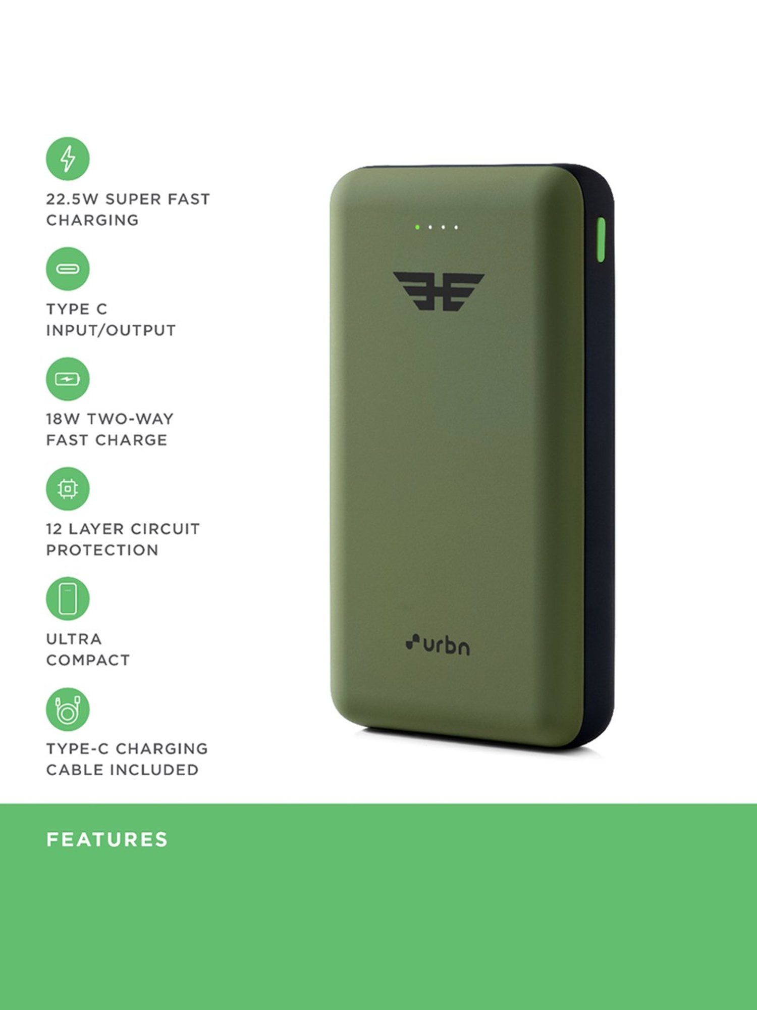 URBN 20000 mAh Lithium Polymer 22.5W Super Fast Charging Ultra Compact Power Bank (Camo)