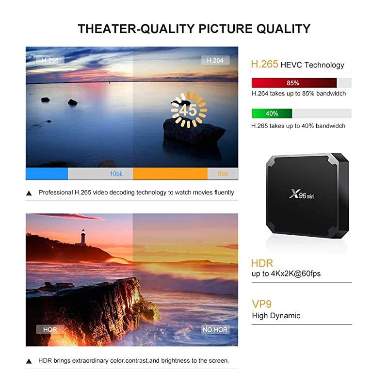 TV Box Media Player, X96 Mini 9.0 TV Box 1GB RAM 8GB ROM, Support 2.4G WiFi 100M Ethernet 3D/4K HD HDR H.265 Box