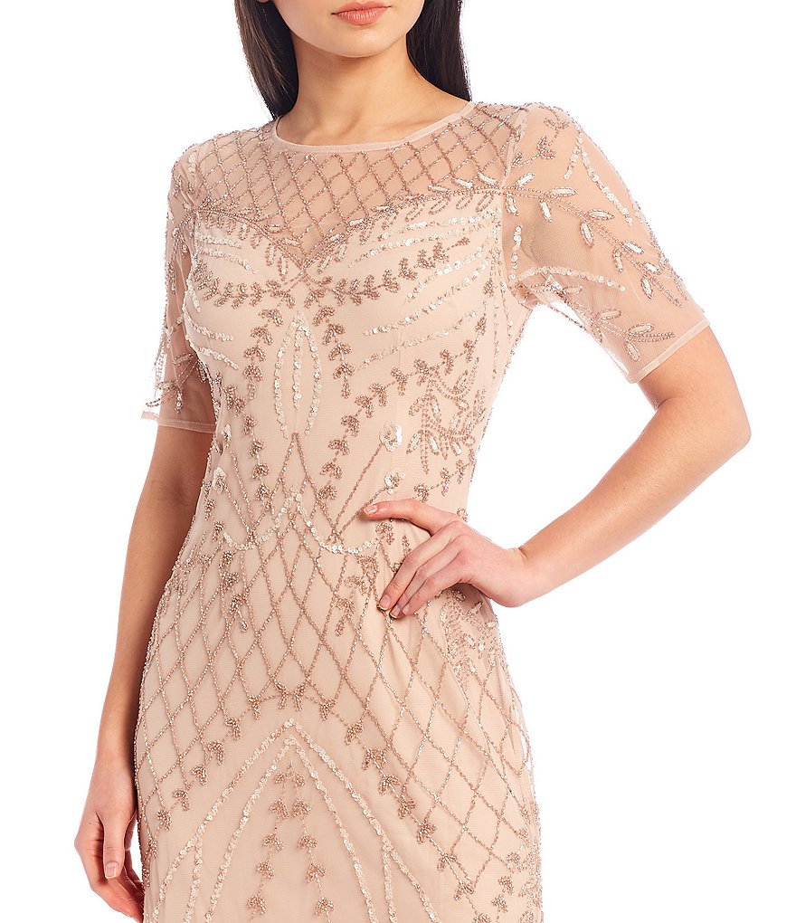 Adrianna Papell All Over Beaded Short Sleeve Jewel Neck A-Line Gown