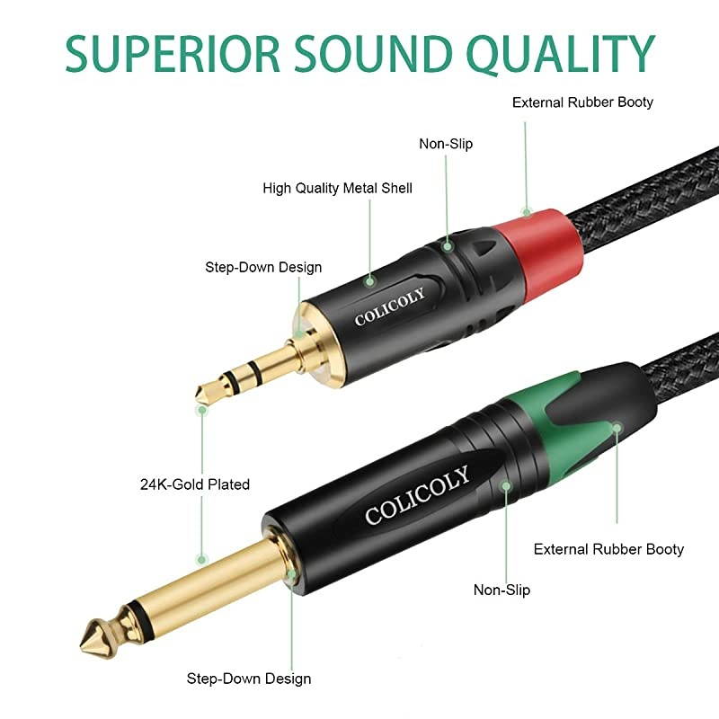 14 Mono to 35mm Stereo Cable 14 inch TS Mono to 18 inch TRS Stereo Interconnect Audio Adapter Cord 10ft