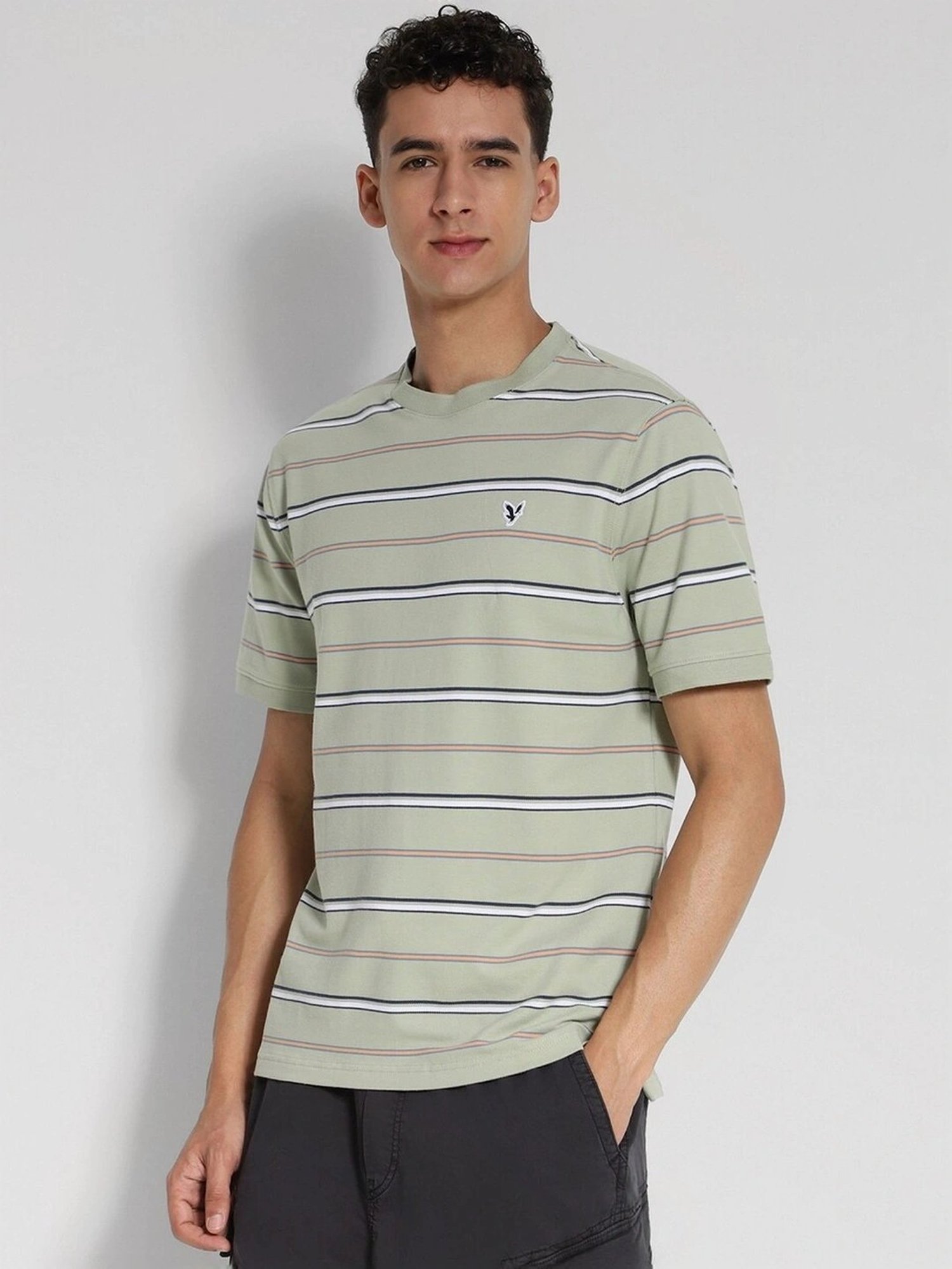American Eagle Green Cotton Regular Fit Striped T-Shirt